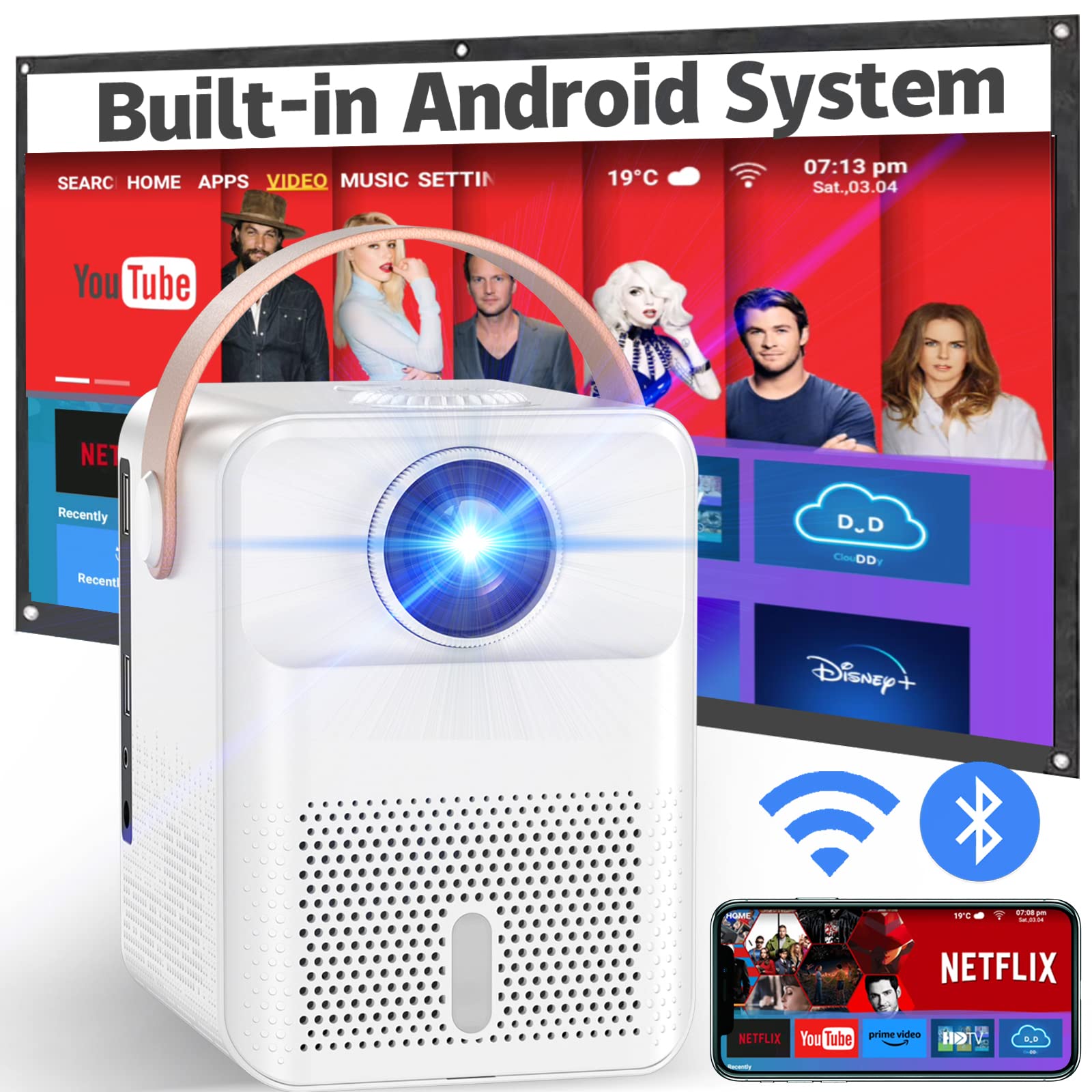Smart Projector 4K Android System, 15000Lm Mini Projector with WiFi and Bluetooth, 4K Outdoor Projector Max 300” Digital ±45° 4D Keystone Zoom Support, Compatible with Phone, TV Stick, Game, USB