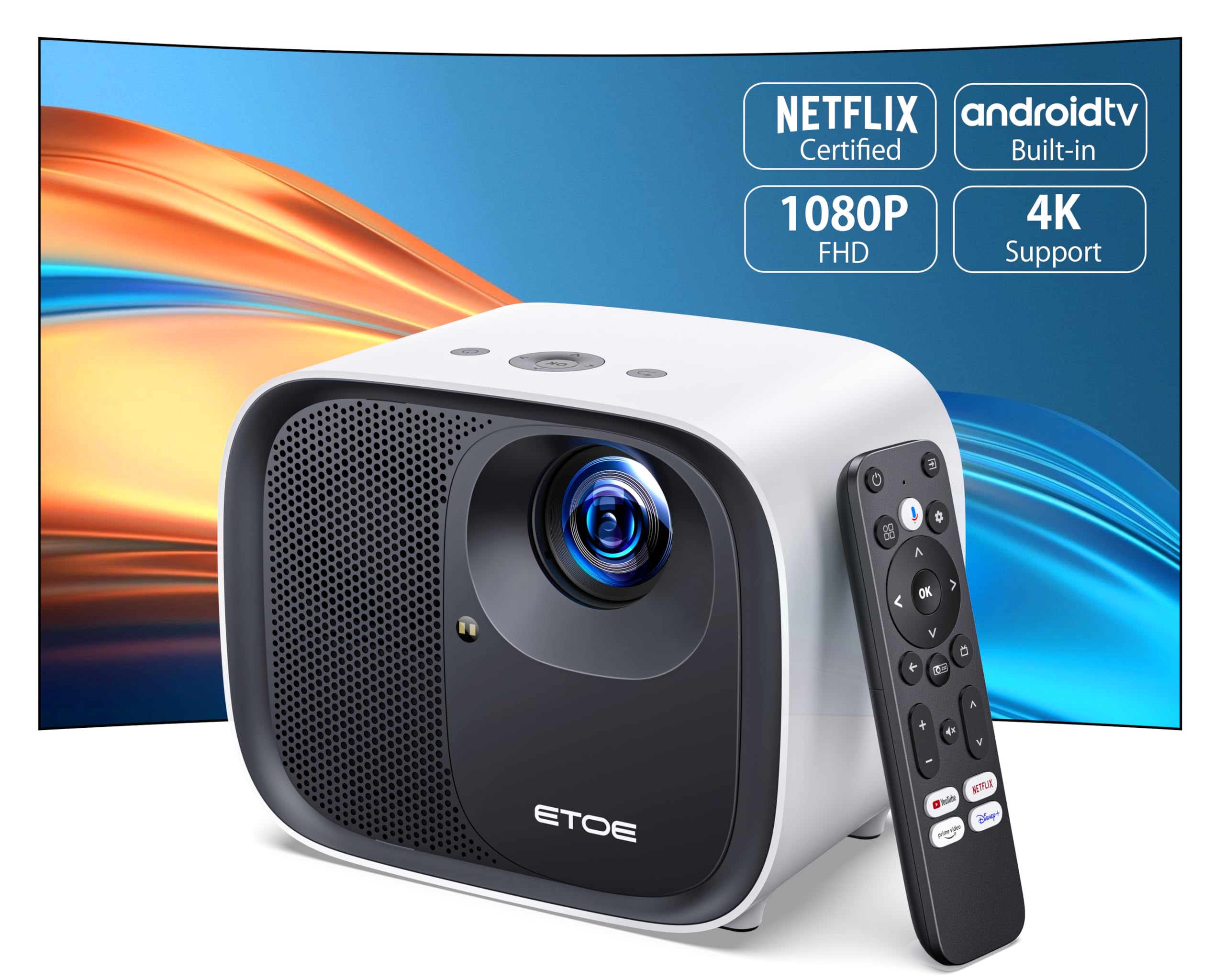 ETOE 4K Android TV 10.0 Projector, 1080P FHD Smart Projector with Auto Focus, Auto Keystone, 600 ANSI Lumens, Dual 10W Speakers, Netflix-Certified, 5.1G WiFi Bluetooth, Movie Projector with Bag-White