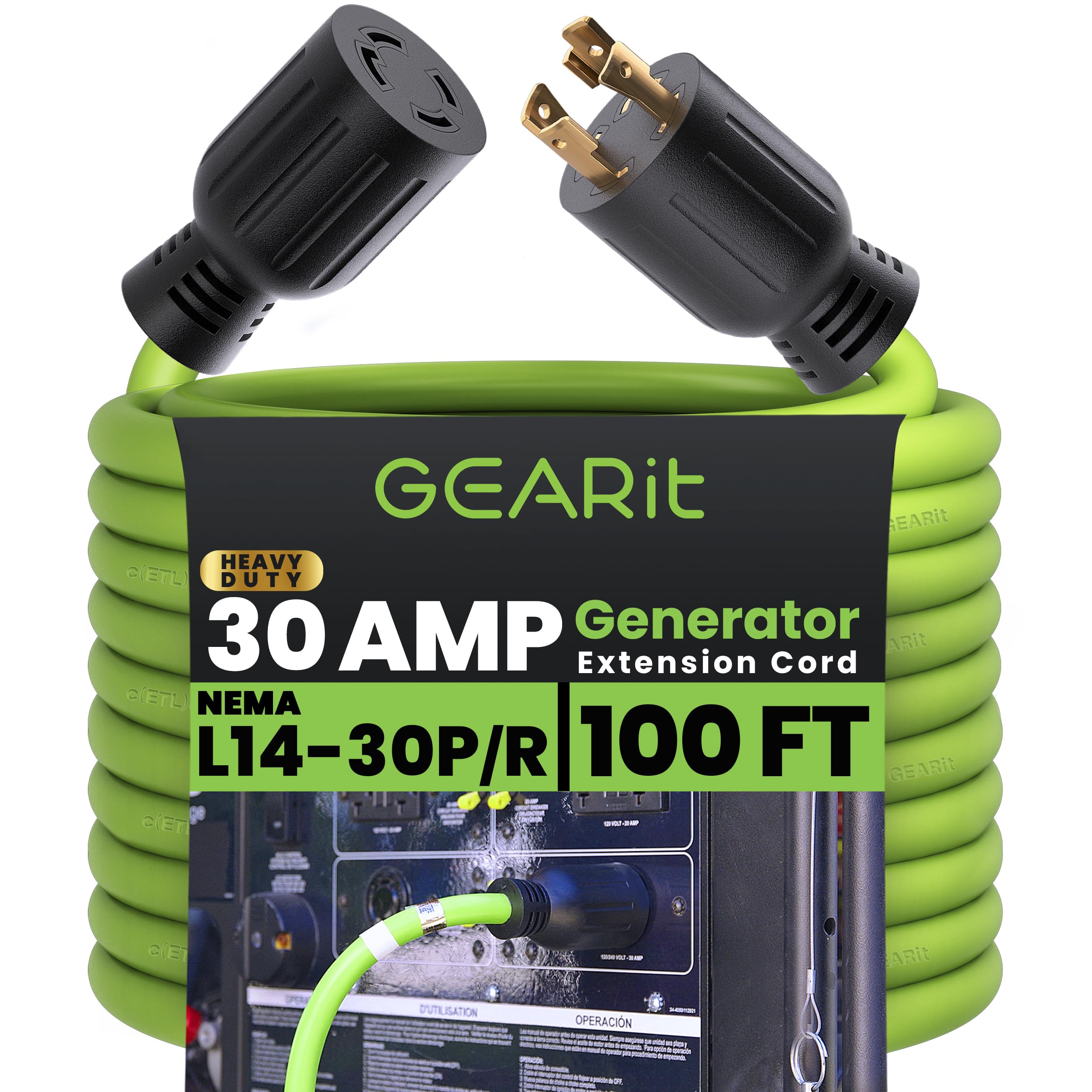 GEARit 30-Amp Generator Extension Cord (100 Feet) 4-Prong 120/250-Volt 7500W, NEMA L14-30P/L L14-30R, 10 Gauge SJTW Locking Power Cord for Manual Transfer Switch, Portable Generators, Power Outage