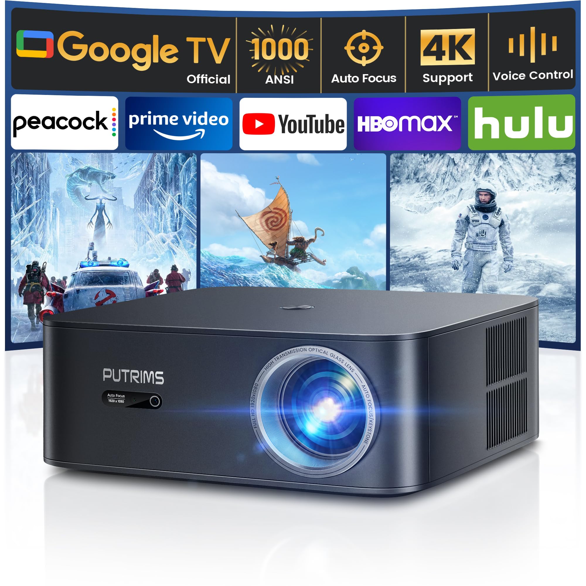 [1000 ANSI/Google TV/Voice Control]Smart Projector with WiFi 6 and Bluetooth, Netflix-Licensed 4K Support, Outdoor Movie Proyector, 1080P Home Ceiling Auto Focus Projector, PUTRIMS K12 Gray
