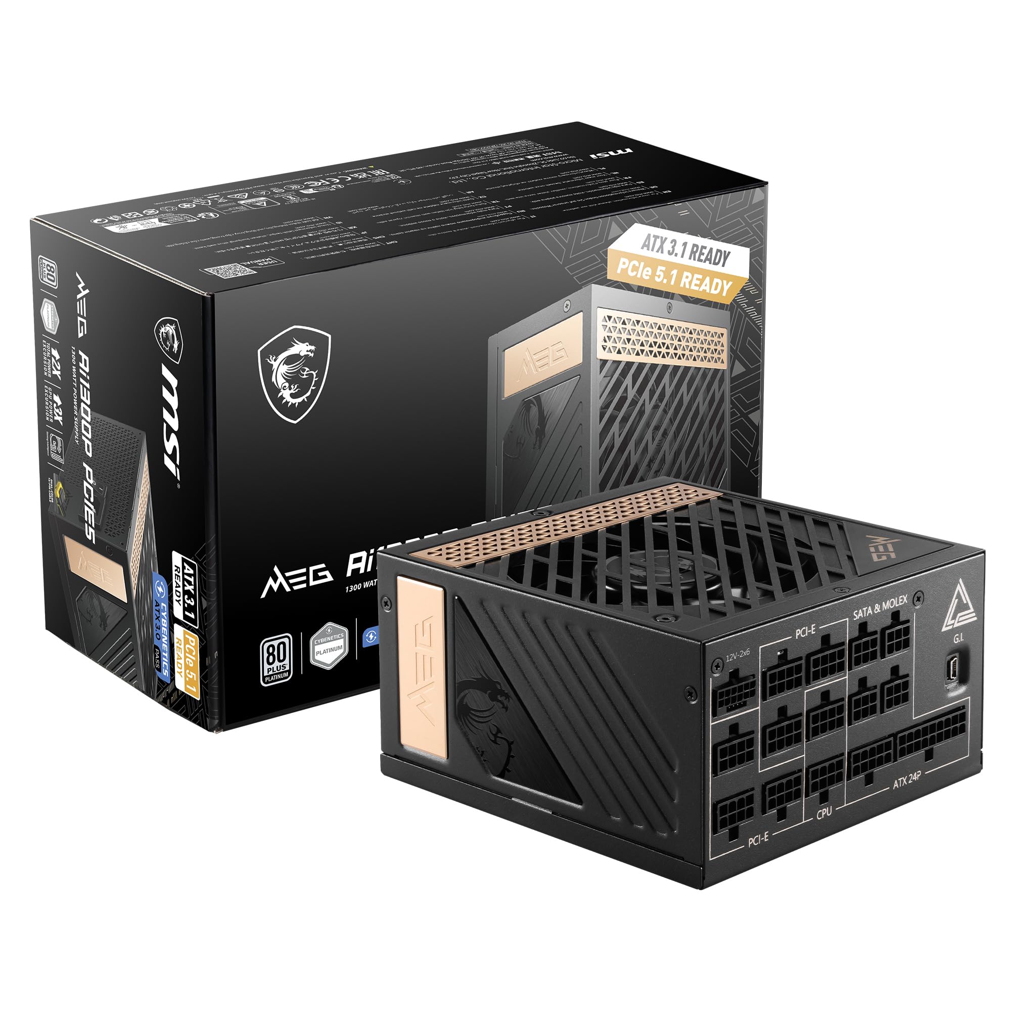 MSI MEG Ai1300P PCIE 5.1 & ATX 3.1 Gaming Power Supply - Full Modular - 80 Plus Platinum Certified 1300W - 100% Japanese 105°C Capacitors - Compact Size - ATX PSU - 10 Year Warranty