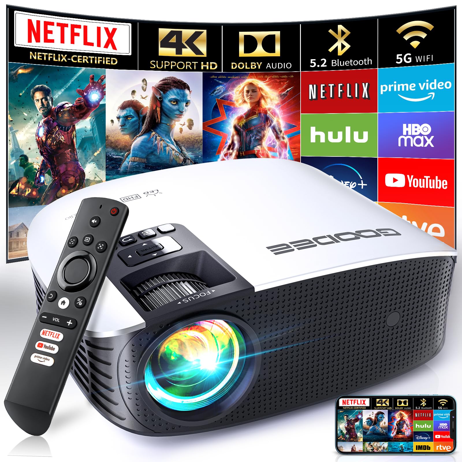 GooDee Smart 4K Projector with 5G WIFI and Bluetooth, Netflix/Amazn Prime Video Certified, Dolby Audio, 800ANSI Outdoor Projector, 400" Zoom Home Theater Projector Compatible with TV Stick,iOS,Android