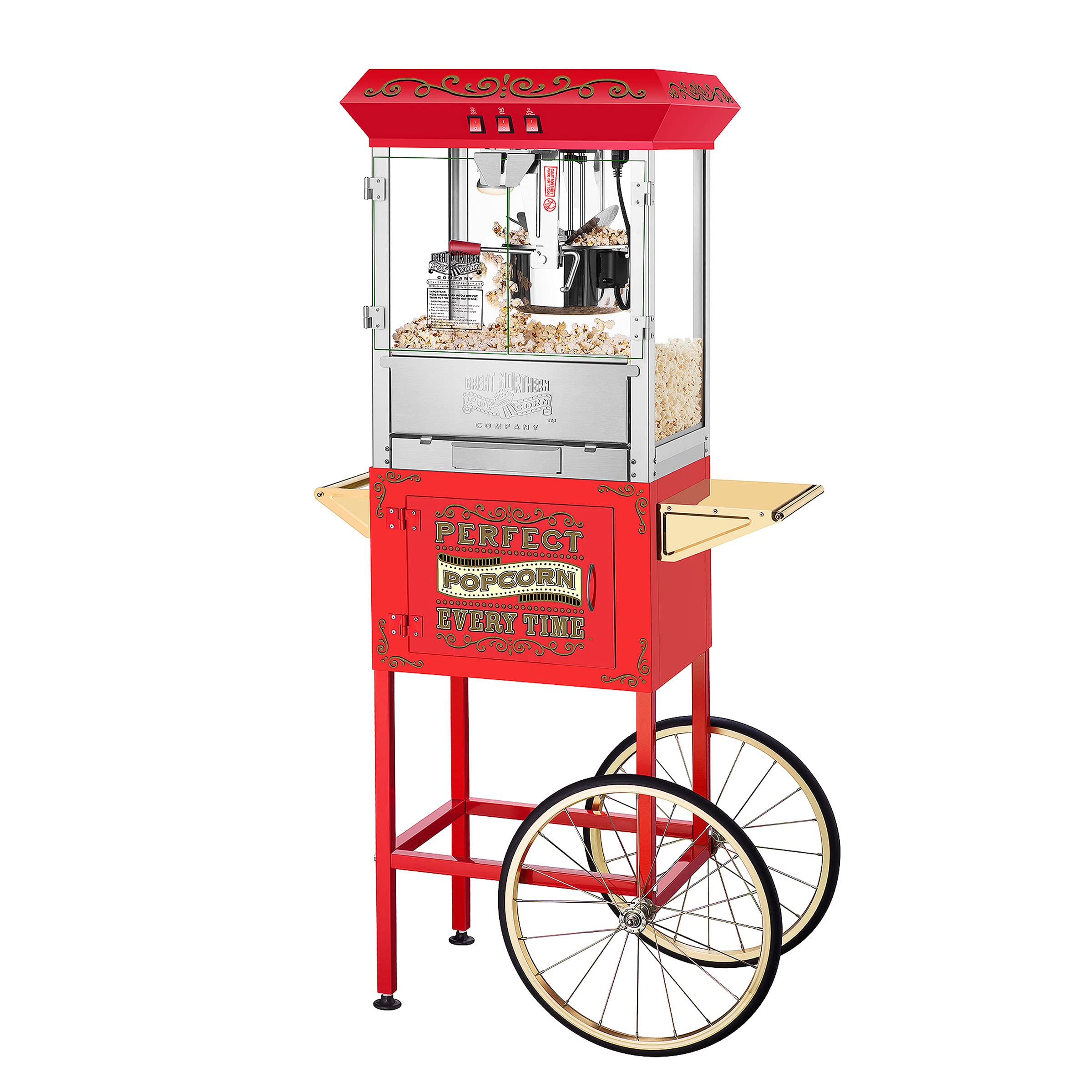 Great Northern Popcorn Company 5995 GNP Red 10oz. Full Perfect Popper Popcorn Machine with Cart and Stainless-Steel Kettle, Warming Light, and Accessories, 10oz, Red