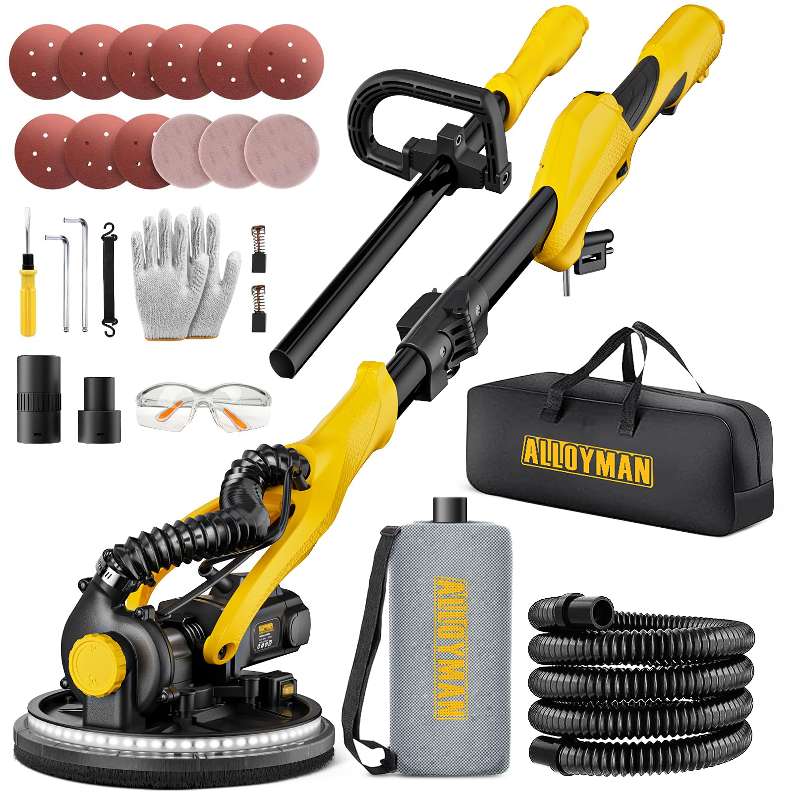 Drywall Sander, 1050W Electric Drywall Sander with Vacuum Dust Collection, 2100RPM Wall Sander with 7 Variable Speed, Foldable & Extendable Handle, Double-Deck LED Light, Dust Bag and Hose