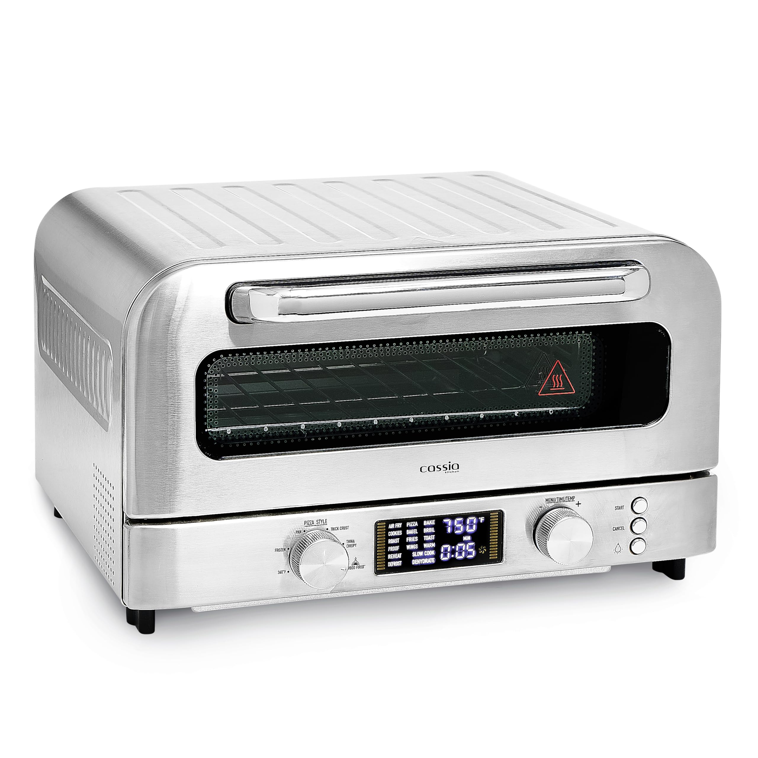 Cassia Countertop Electric Air Fryer Pizza Oven, 12" Capacity, 20L, 1800W, Heats up to 750°F, 16 Presets, Includes Pizza Stone, Peel, Fry Basket, Stainless Steel