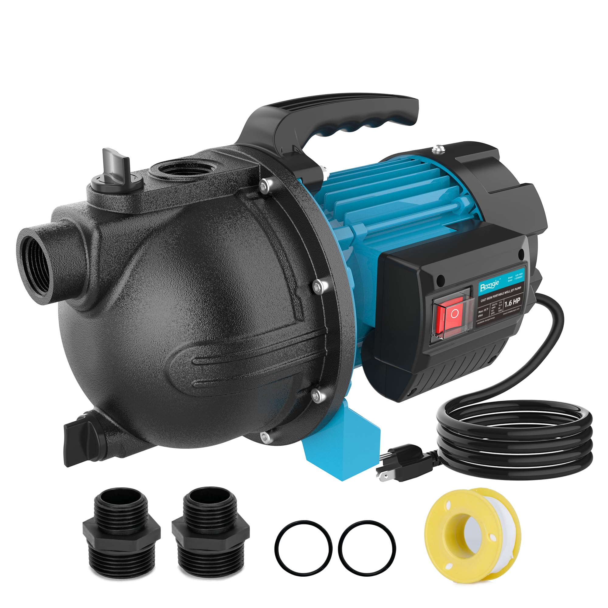 BOMGIE 1.6HP Shallow Well Garden Pump, Water Transfer Pump, Home Lawn Draining Irrigation, Pressure Booster, Sprinkler, Jet, 1200GPH 115V Portable Cast Iron