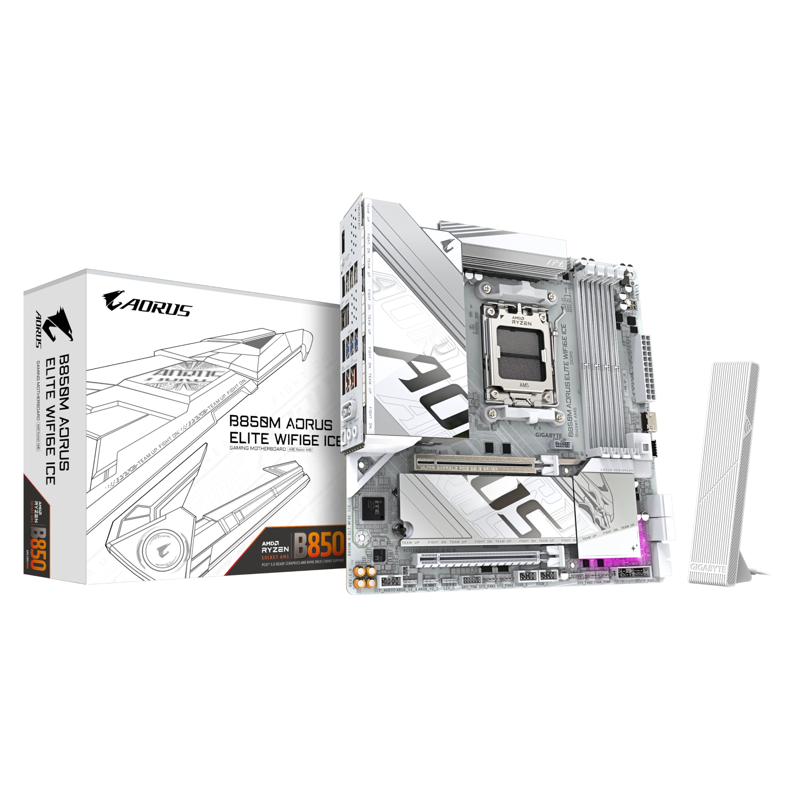 GIGABYTE B850M AORUS Elite WIFI6E ICE Motherboard- AMD Ryzen 9000 Series CPUs, 12+2+1 Phases Digital VRM, up to 8200MHz DDR5 (OC), 1xPCIe 5.0 + 1xPCIe 4.0 M.2, 2.5LAN, WiFi 7, USB 3.2 Gen 2