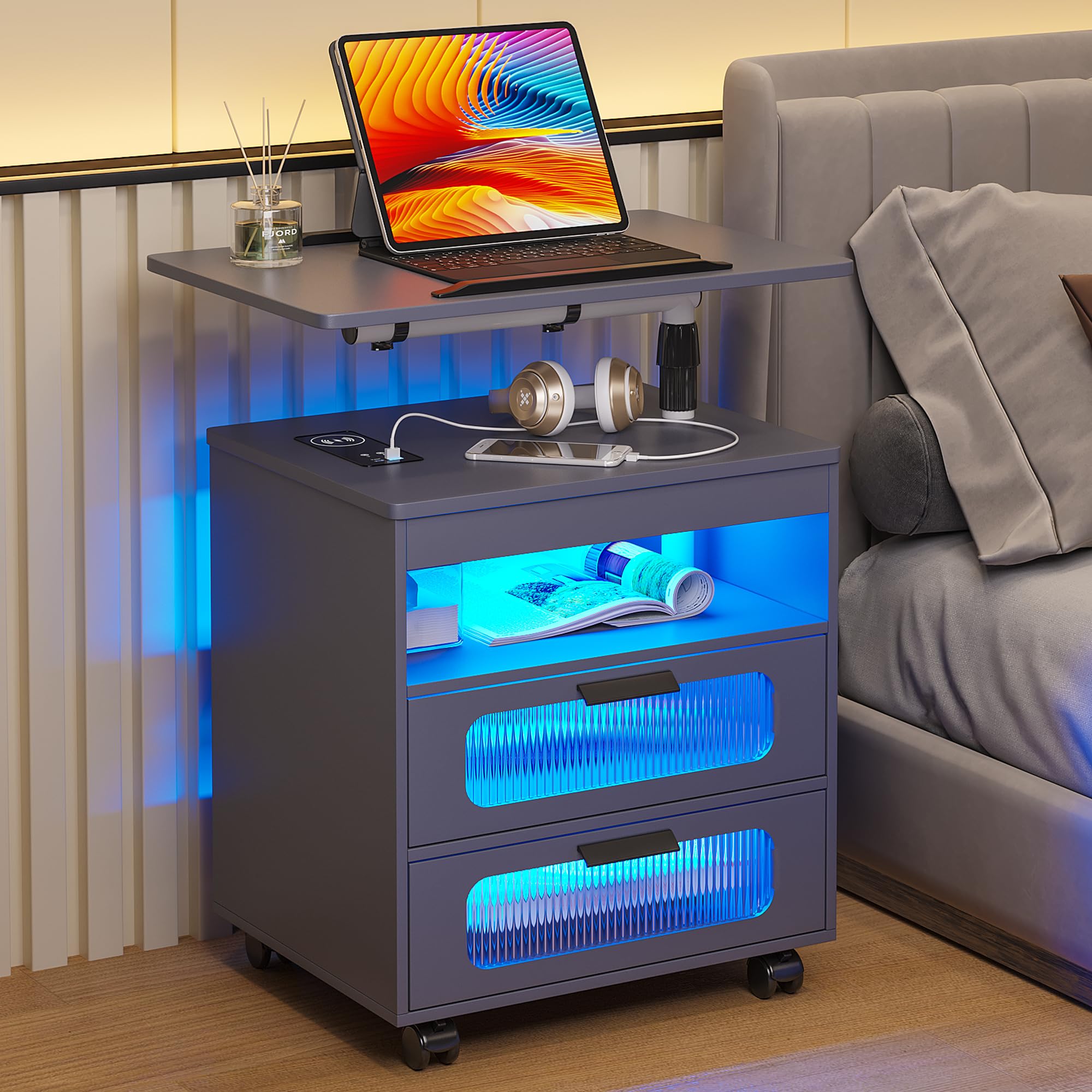HNEBC Nightstand with Wireless Charging Station, LED Nightstand Has Adjustable Rotary Workstation,Smart Night Stand with 2 Drawers,Modern Bedside Table for Bedroom, Sensor Light/Wheel (Black)