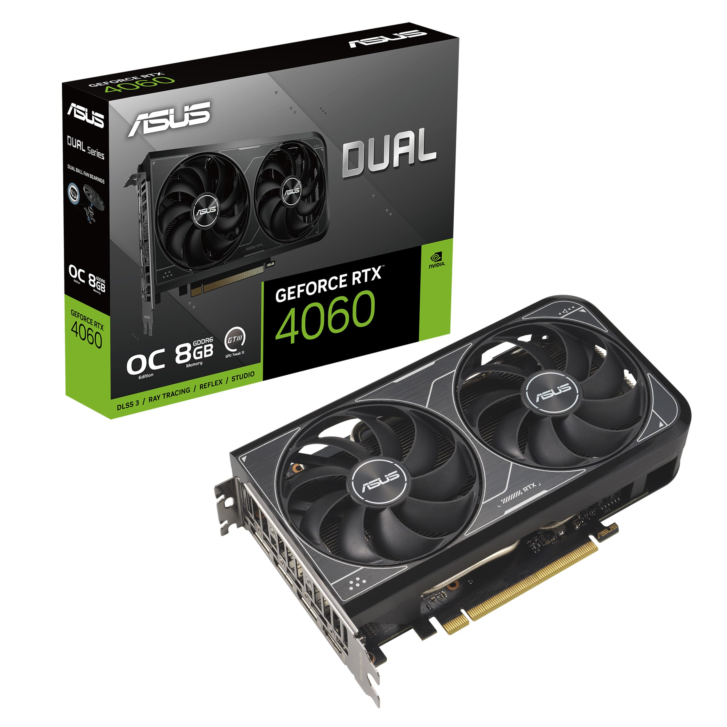 ASUS Dual GeForce RTX™ 4060 V2 OC Edition (PCIe 4.0, 8GB GDDR6, DLSS 3, HDMI 2.1a, DisplayPort 1.4a, 2-Slot Design, Axial-tech Fan Design, 0dB Technology, and More)