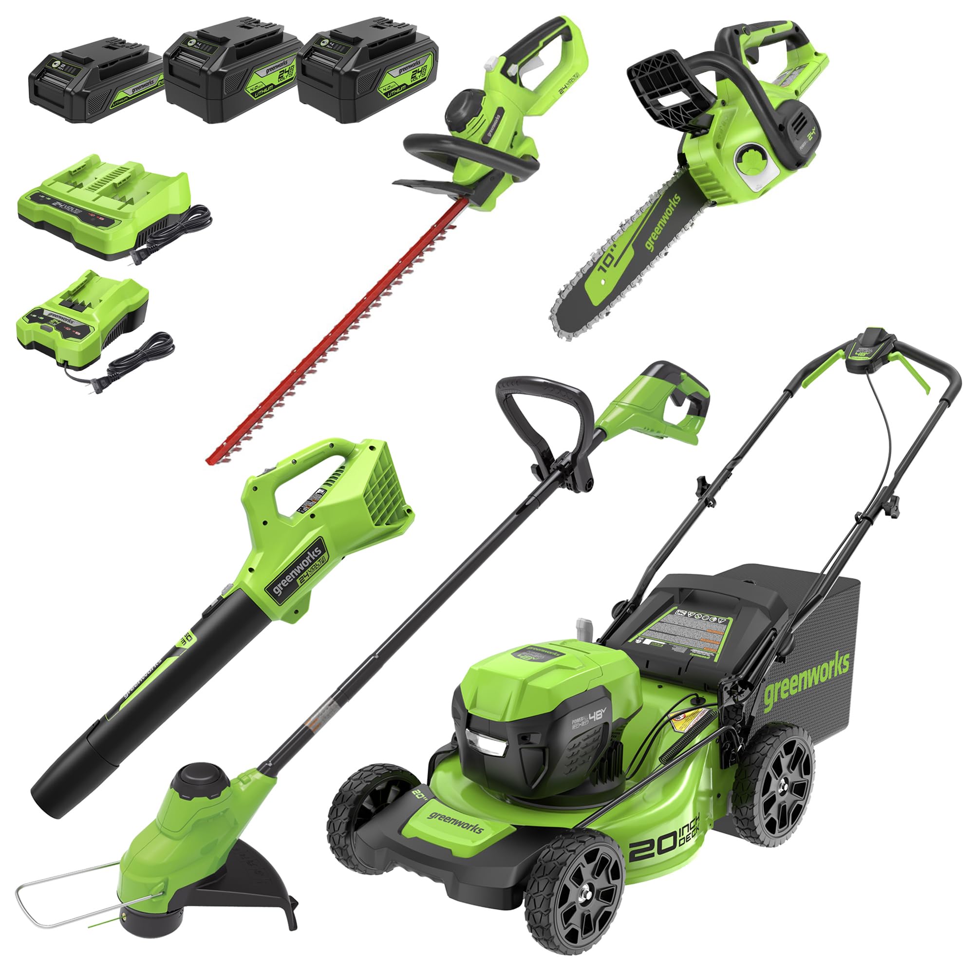 Greenworks 48V (2x24V) 20" Cordless Push Mower, 12" String Trimmer, 320 CFM Blower，10" Chainsaw，and 22" Hedge Trimmer Combo Kit