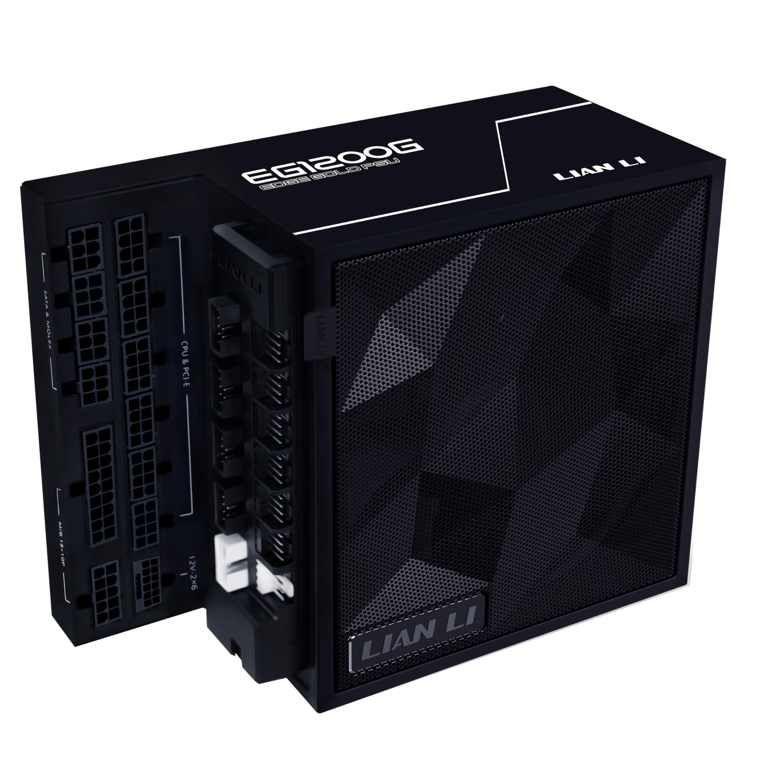 Lian Li Edge Serie - 1200W Full Modular Power Supply (Fan USB Hub Included) - Gold - ATX 3.1 - PCIE 5.1 Support - 12V-2x6 Connector - L-Shape Design for Dual Chamber Case - Black (EG1200G.BH)
