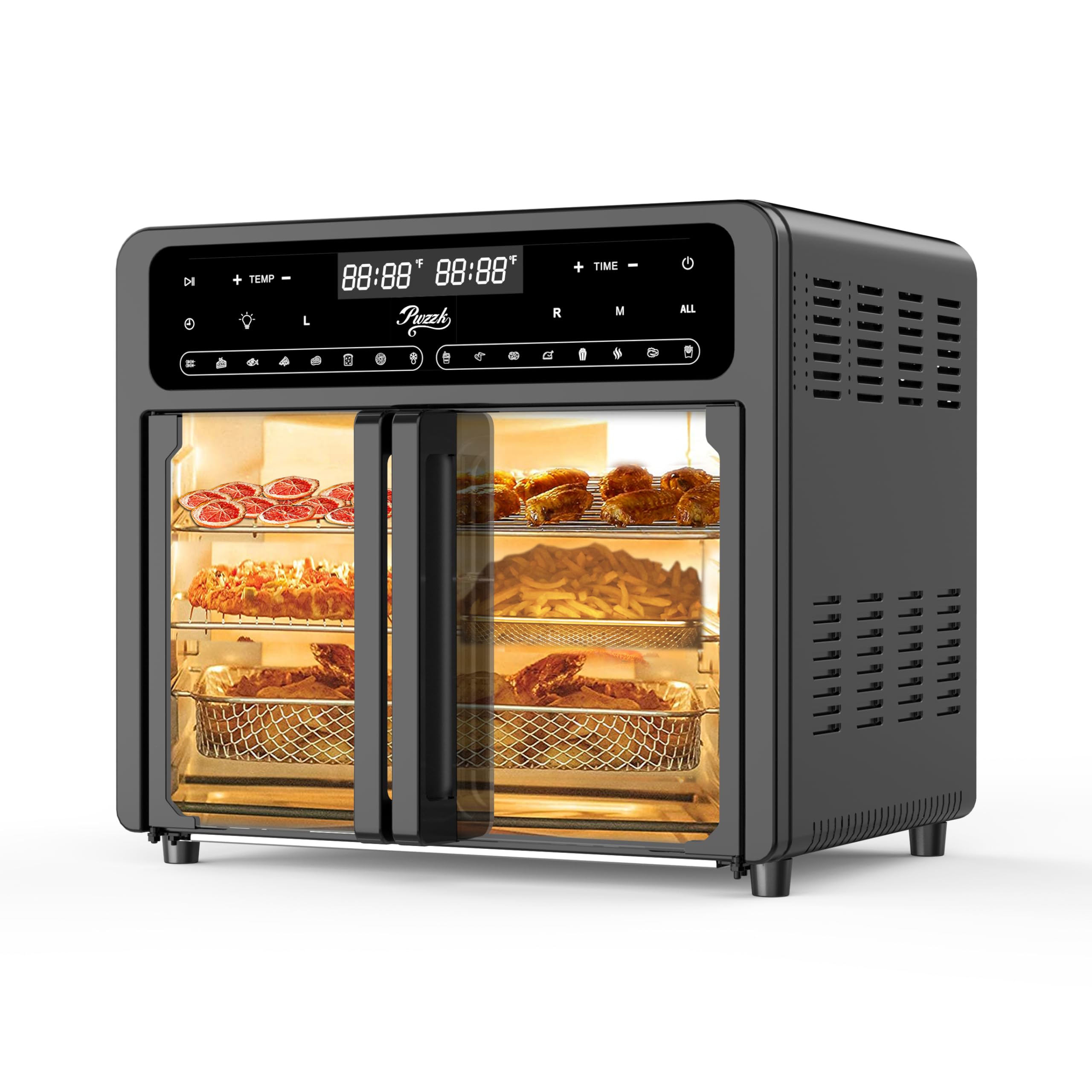 PwZzK Dual Zone Air Fryer Oven with French Glass Door 25.4QT Large Capacity Family Meals 16-in-1 Preset Menus LED Screen Advanced Dual-Fan 360° Heat Circulation Quick Even Cooking Results