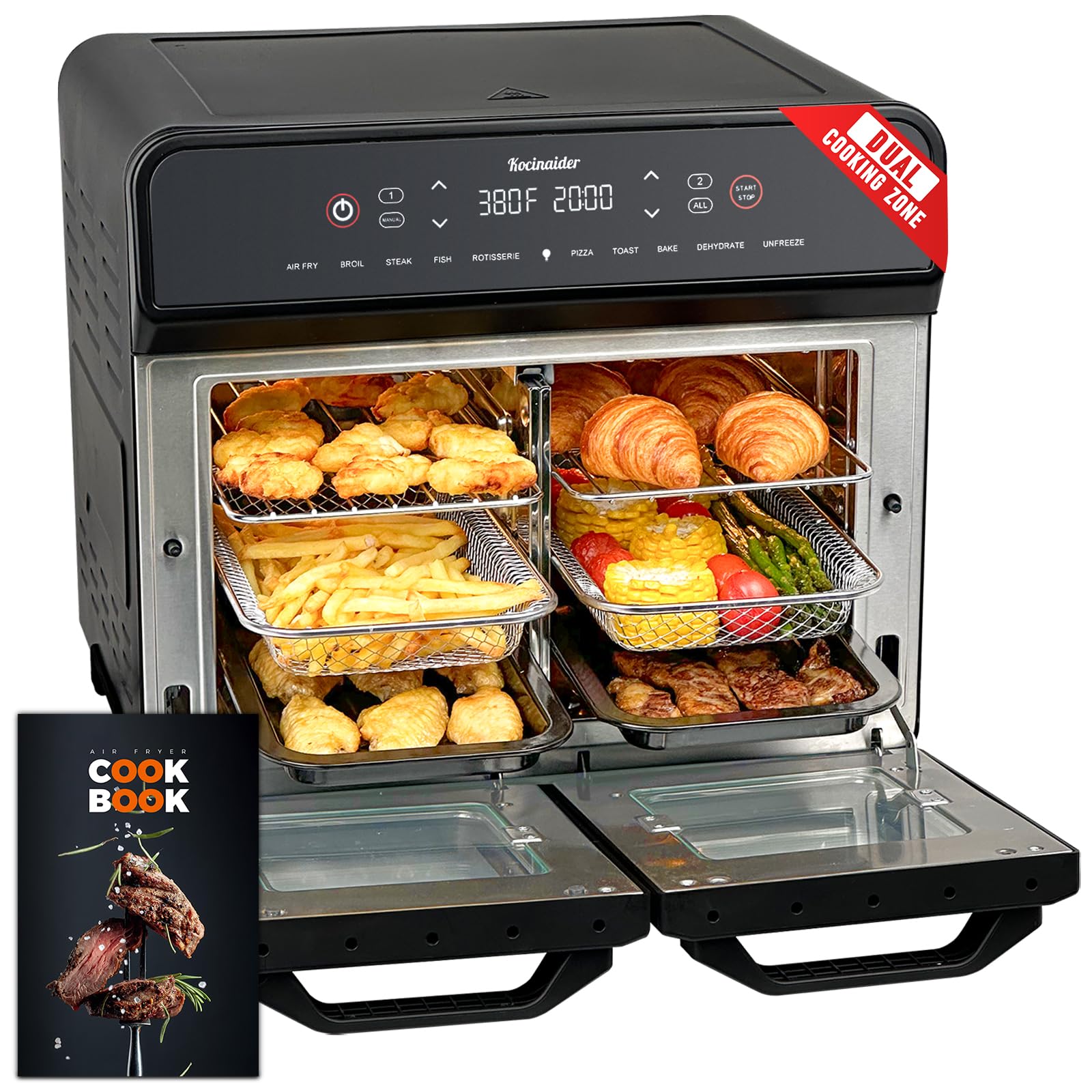 24Qt Dual Zone Air Fryer Oven with Rotisserie, Large Double Air Fryers Mini Oven Digital 1800W 10 in 1 Airfryer Countertop Convection Oven Electric and Grill, Stainless Steel Inner, 360° Even Heating