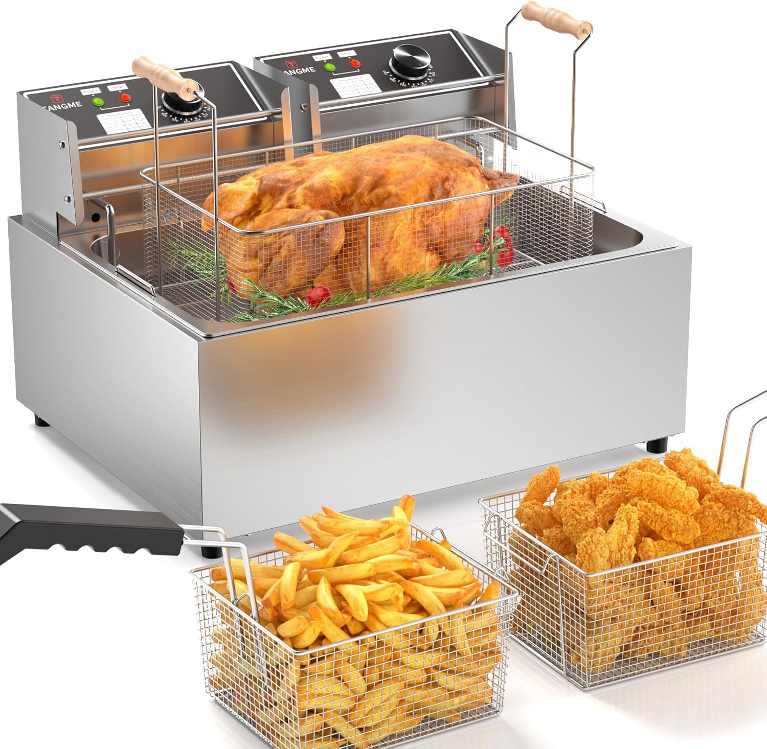 TANGME Commercial Deep Fryer, Triple Basket Electric Countertop Fryer Upgraded 31.7Qt Single Oil Fryer to Fry a Whole Fish with Temperature Limiter, UL Certified