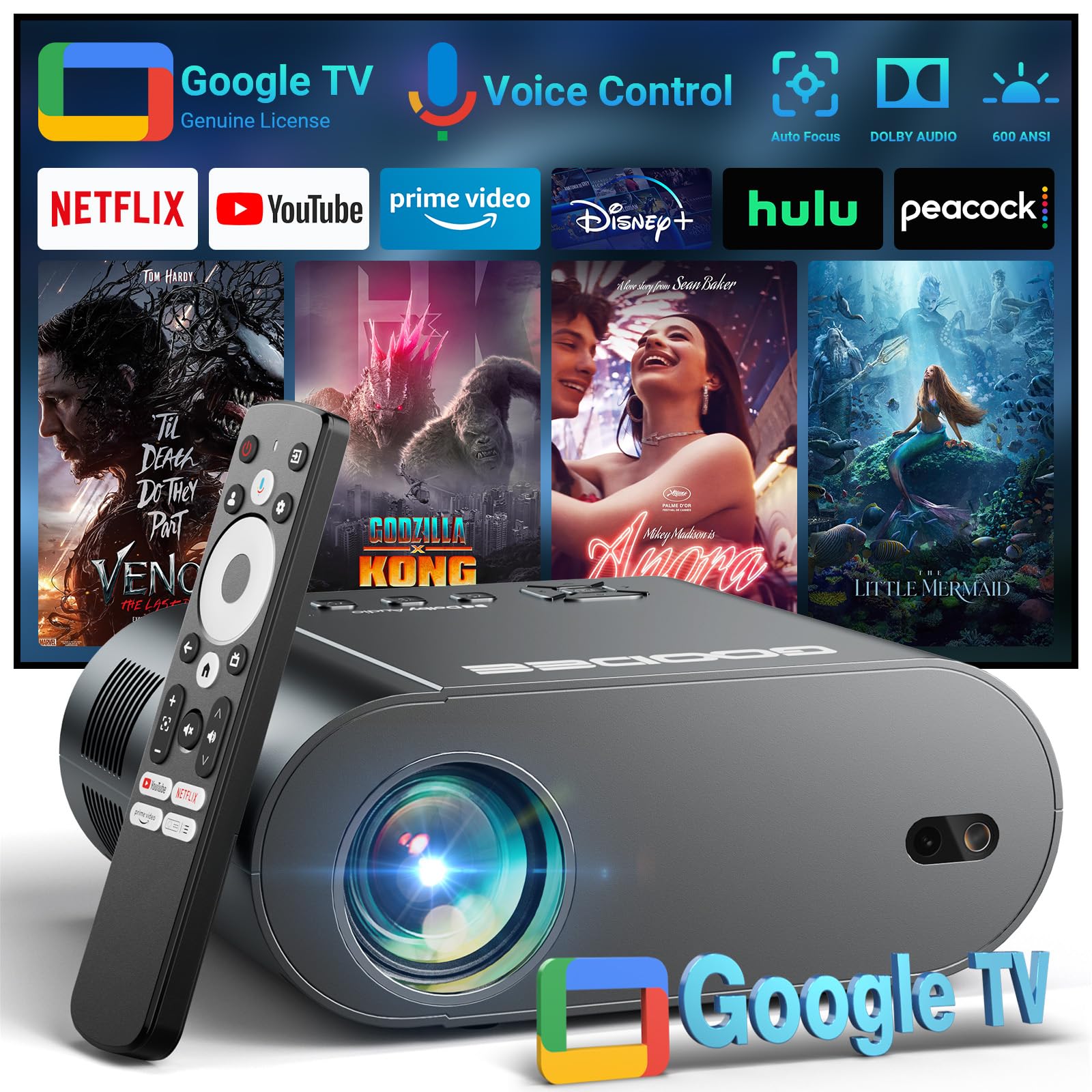 GooDee Smart 4K Projector with WiFi and Bluetooth, Google TV-Licensed Outdoor Movie Projector with Netflix / Prime Video / YouTube Built-in, Keystone Voice Control Home Theater