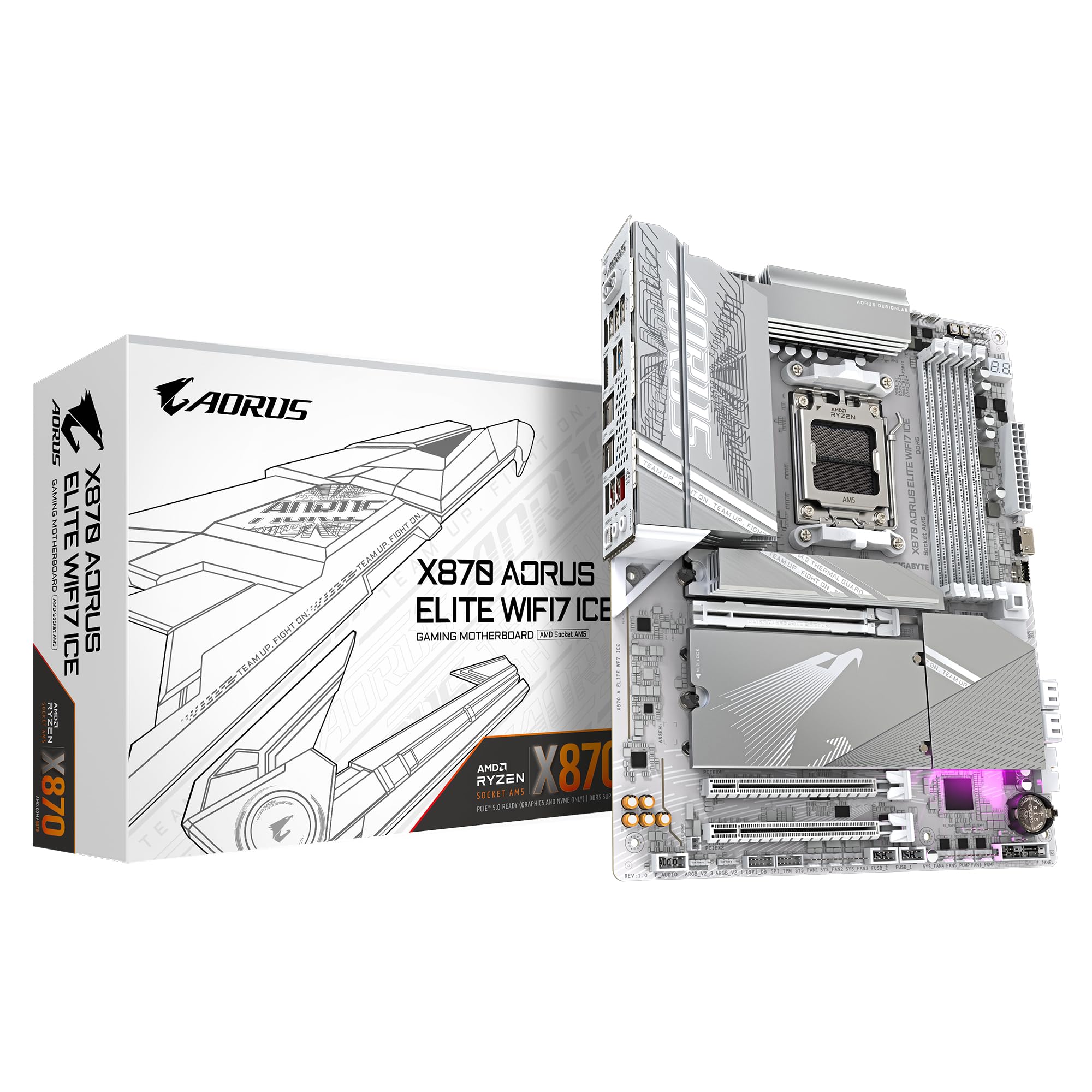 GIGABYTE X870 AORUS Elite WIFI7 ICE Motherboard - Supports AMD Ryzen 9000 CPUs, 16+2+2 Phases Digital VRM, up to 8000MHz DDR5 (OC), 3xPCIe 5.0, Wi-Fi 7, 2.5GbE LAN, USB 4