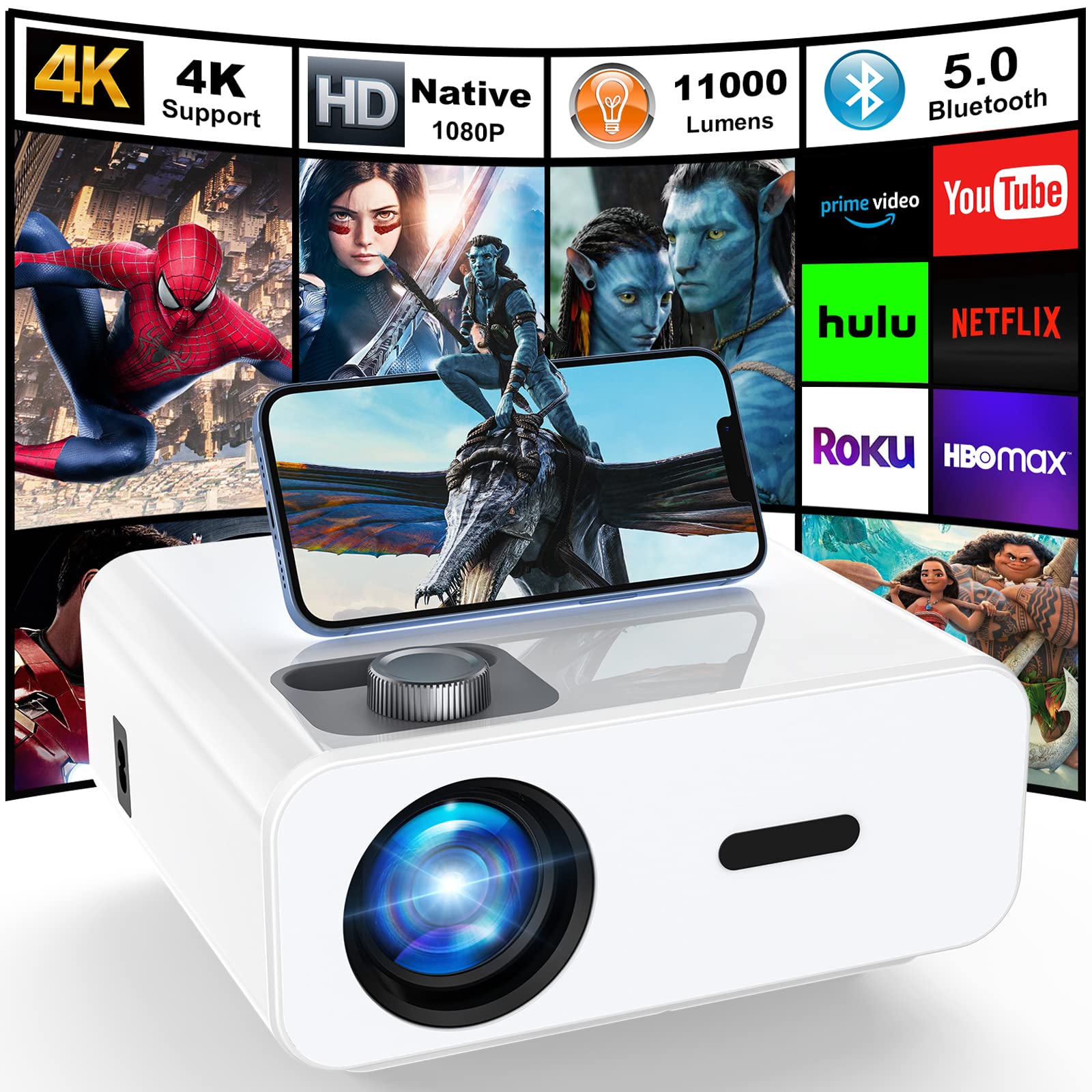 HONPOW Native 1080P Full HD Bluetooth Projector, 11000 Lumens Mini Portable Outdoor Indoor Movie Projector, Compatible with Laptop, Smartphone, TV Stick, Xbox, PS5