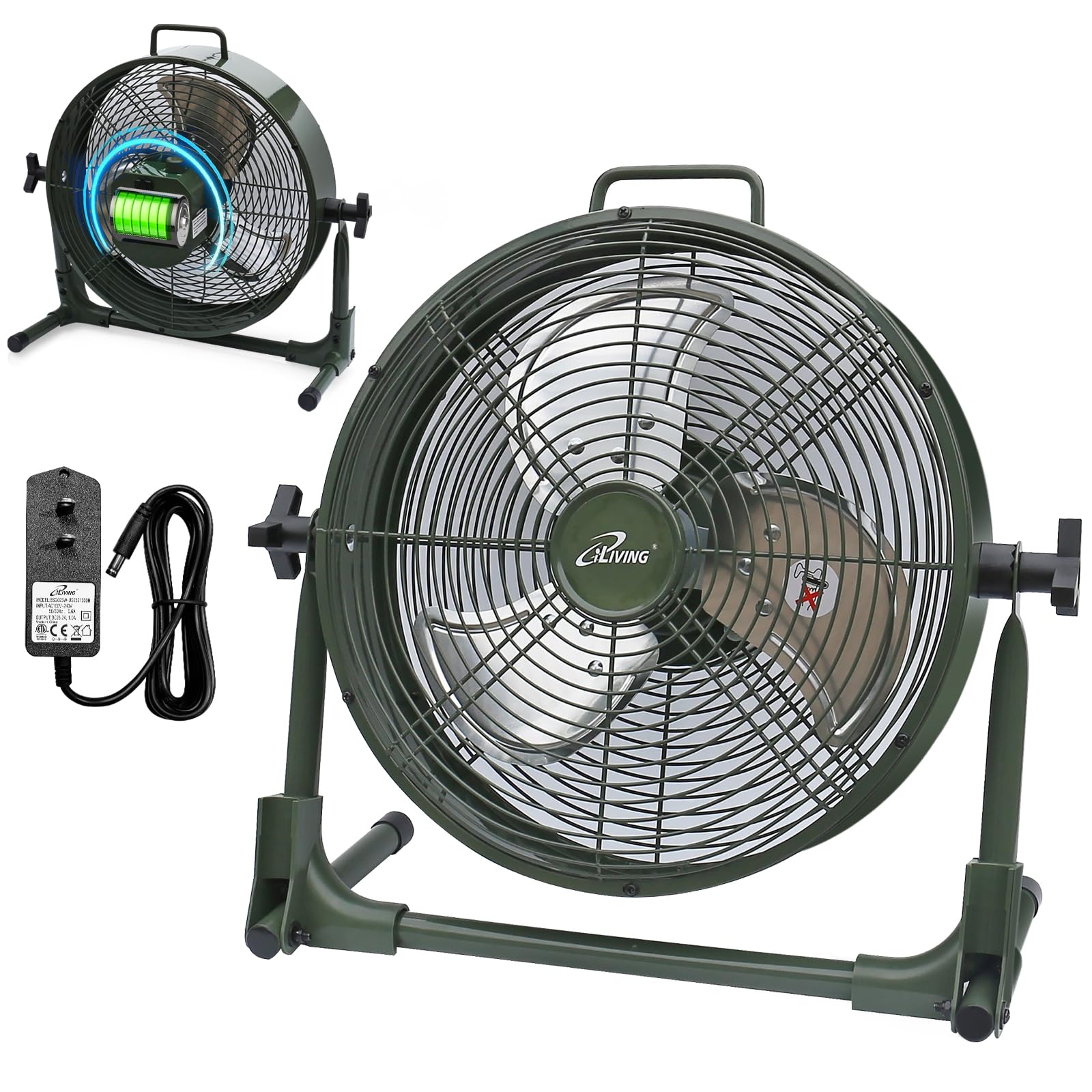 iLiving 12" Rechargeable Battery Operated Camping Floor Fan, High Velocity Portable Outdoor Fan with Metal Blade, With Built-in Lithium Battery for Whole Day Usage, 12 Inches, Military Green