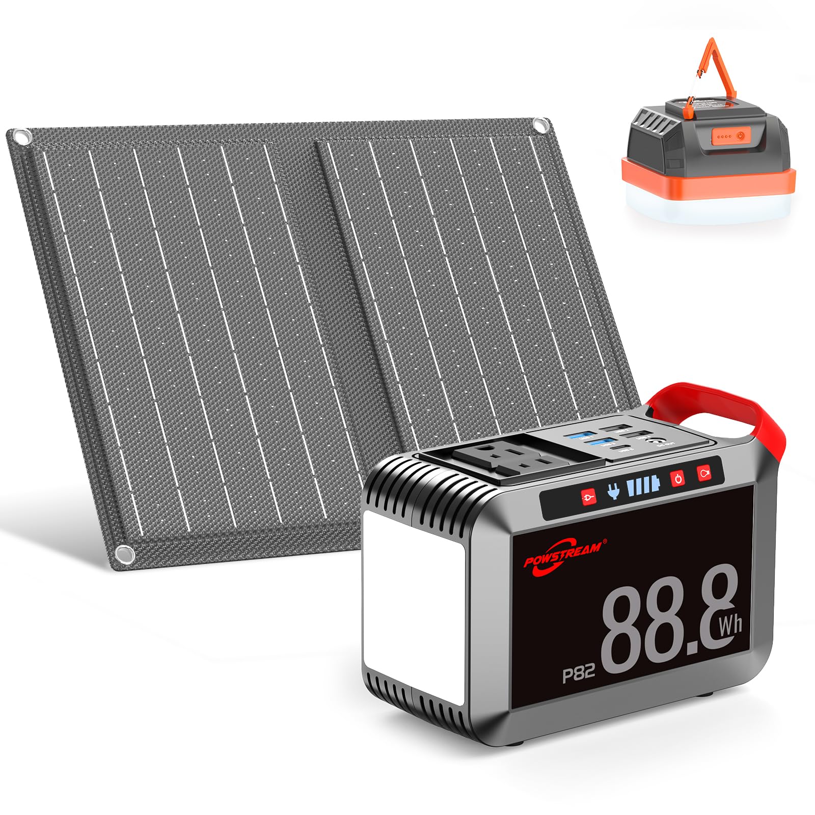 POWSTREAM 24000mAh Solar Generator with AC Outlet 120W Peak, 88.8Wh Portable Power Station with 21W Panels Included and Camping Lantern 248LM, Solar Powered Power Bank for Outdoor Camping