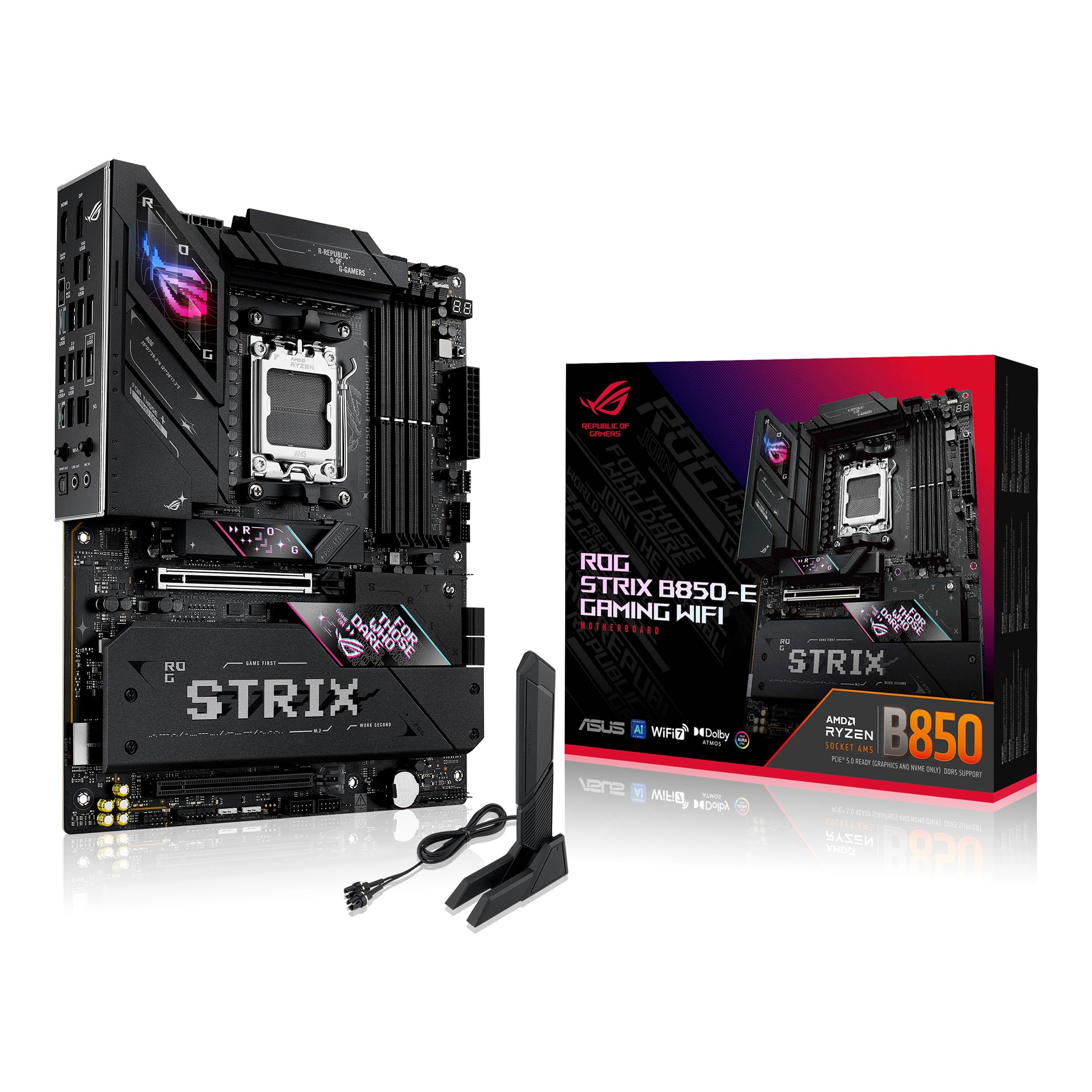 ASUS ROG Strix B850-E Gaming WiFi AMD AM5 B850 ATX Motherboard 16+2+2 Stages, Dynamic OC, Core Flex, DDR5 w/AEMP, WiFi 7, 5X M.2, 5G LAN, PCIe® 5.0, USB4®, USB 20Gbps Type-C®, AI OC, AI Networking