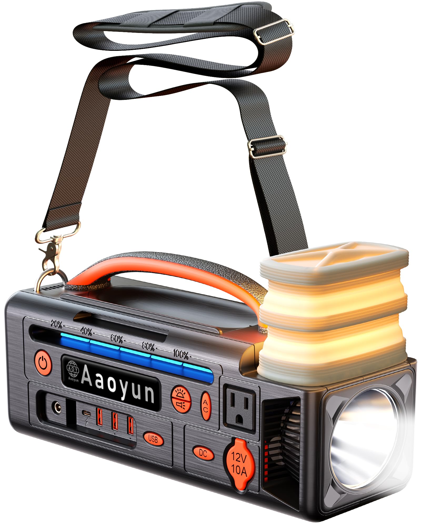 Aaoyun Portable Power Station 300W, 296Wh Solar Generator with 100W USB-C In/Output, Night Light & LED Flashlight, Compact Camping Battery with Strap for Outdoor Home Backup Emergency