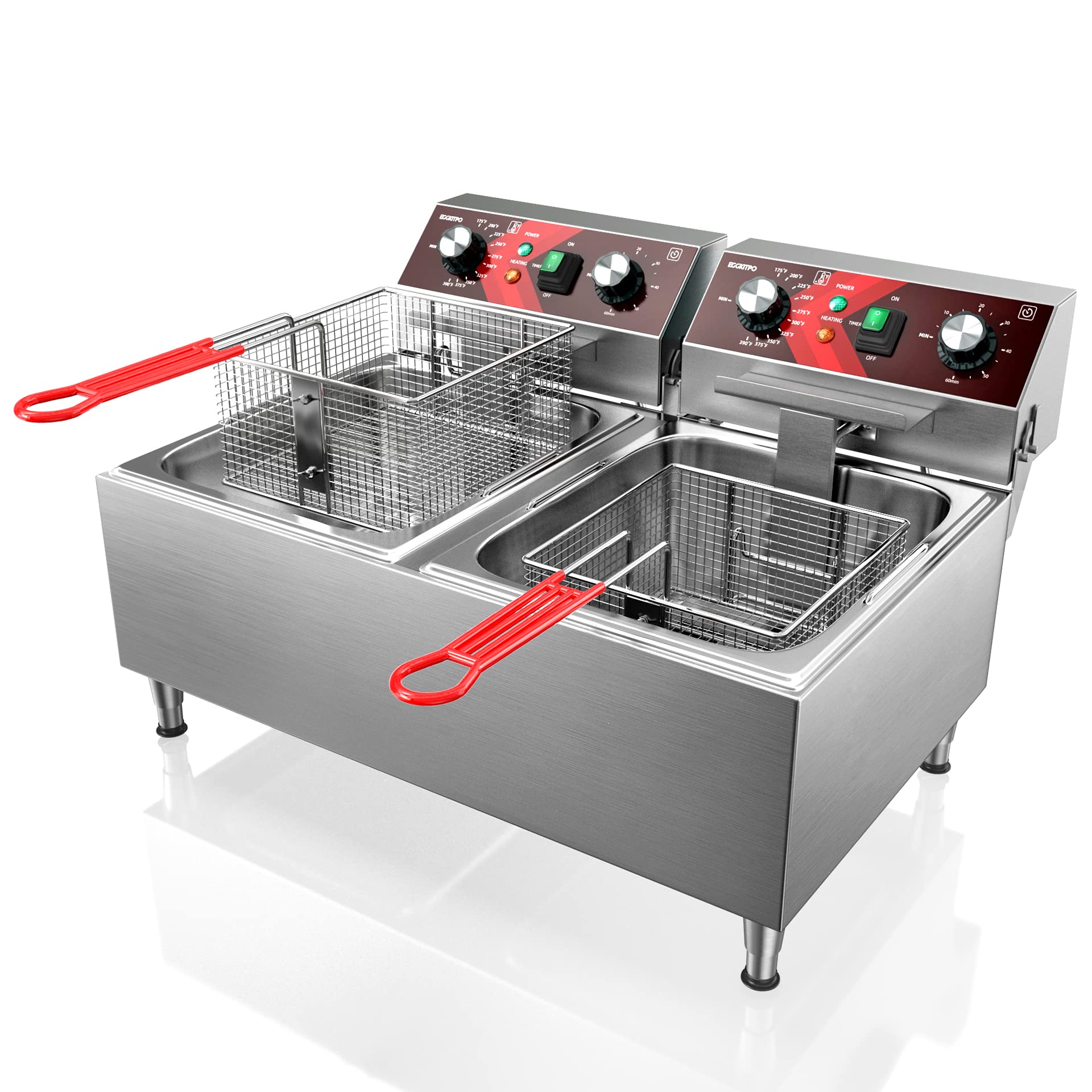 EGGKITPO Deep Fryers Stainless Steel Commercial Deep fryer with Timer Dual Tank Electric Deep Fryer with 2 Baskets Large Capacity 10L X 2 Electric Countertop Fryer for Restaurant and Home, 120V 3600W