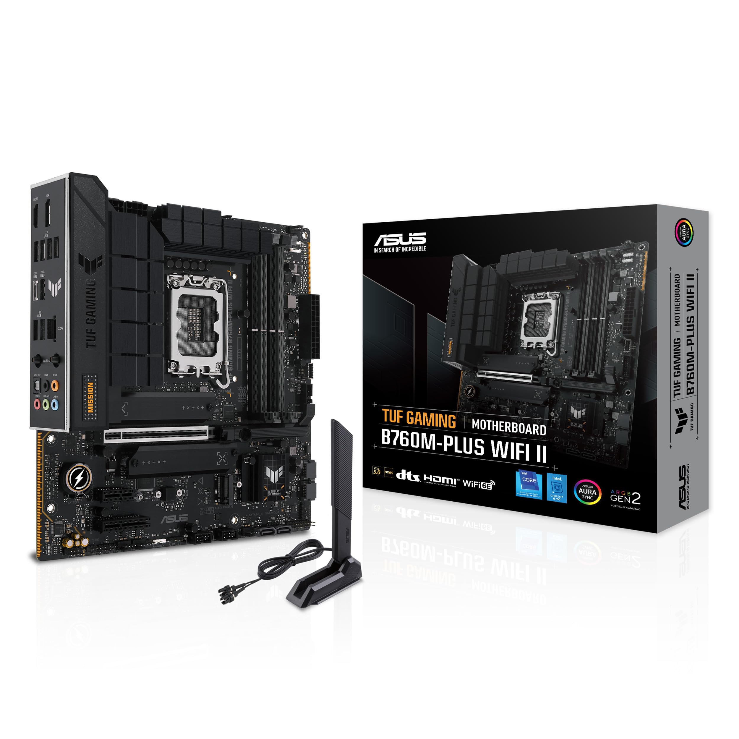 TUF Gaming B760M-PLUS WiFi II Intel B760 LGA 1700 mATX Motherboard (PCIe 5.0,4.0 M.2 Slots,DDR5,WiFi6E,Q-Antenna,2.5Gb Ethernet,DisplayPort,HDMI, SATA 6Gbps,USB 20Gbps) Support, Aura Sync
