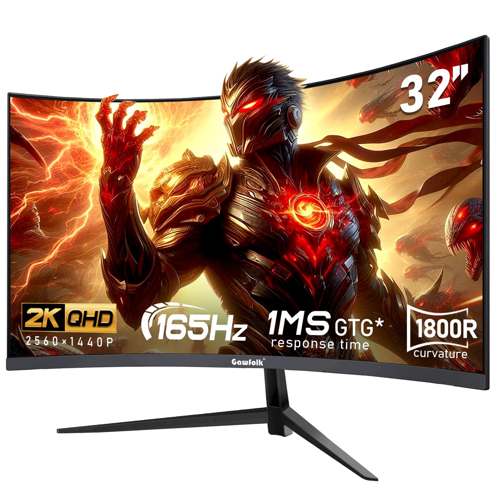 Gawfolk 32 inch 2K QHD(2560×1440P) 165Hz Curved Gaming Monitor,PC Screen, 1ms，FreeSync, 98% sRGB，178° Wide Viewing Angle，DisplayPort、HDMI, Wall Mount Compatible 100 * 100MM Wall - Black