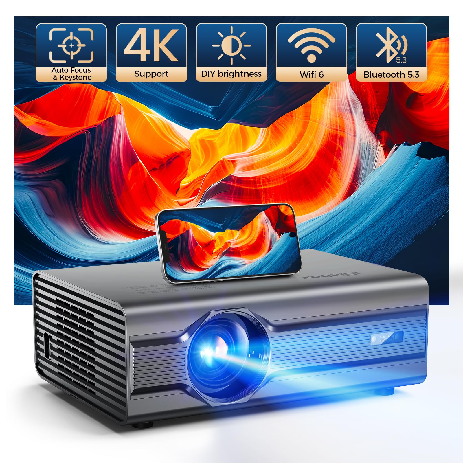 [Auto Focus/4K Support] Projector with WiFi 6 and Bluetooth 5.2, 850ANSI Native 1080P Outdoor Movie Projector, iSinbox Vertical Keystone Smart Projector 50% Zoom for iOS/Android/TV Stick