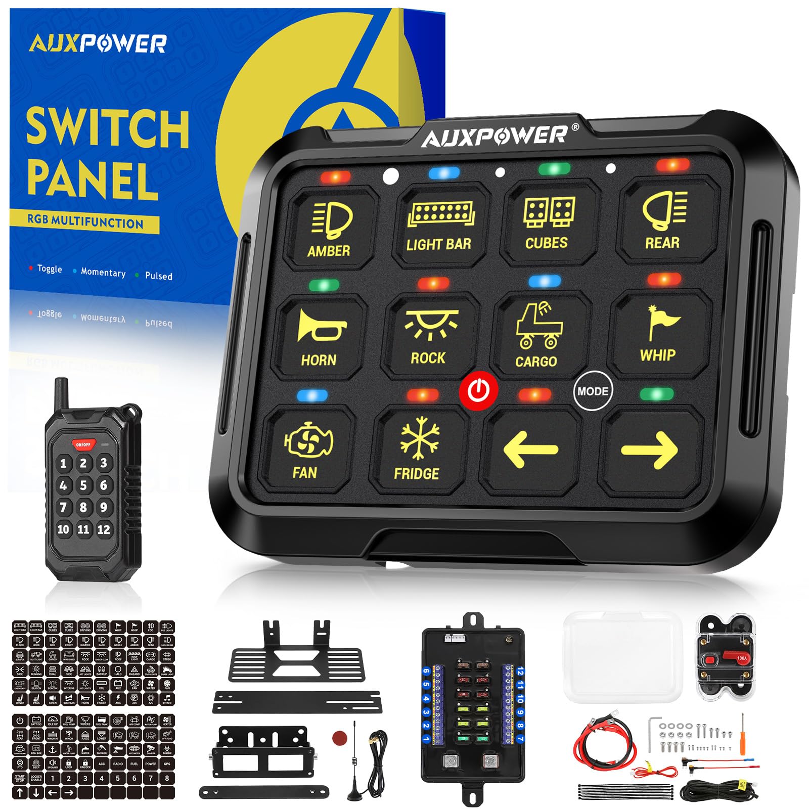 Auxpower 12 Gang Switch Panel B412 RGB Switch Panel with Wireless Remote Control Toggle Momentary Pulsed Remote Switch Panel 12V Automatic Dimmable Waterproof Switch Panel for Truck Car Marine Offroad