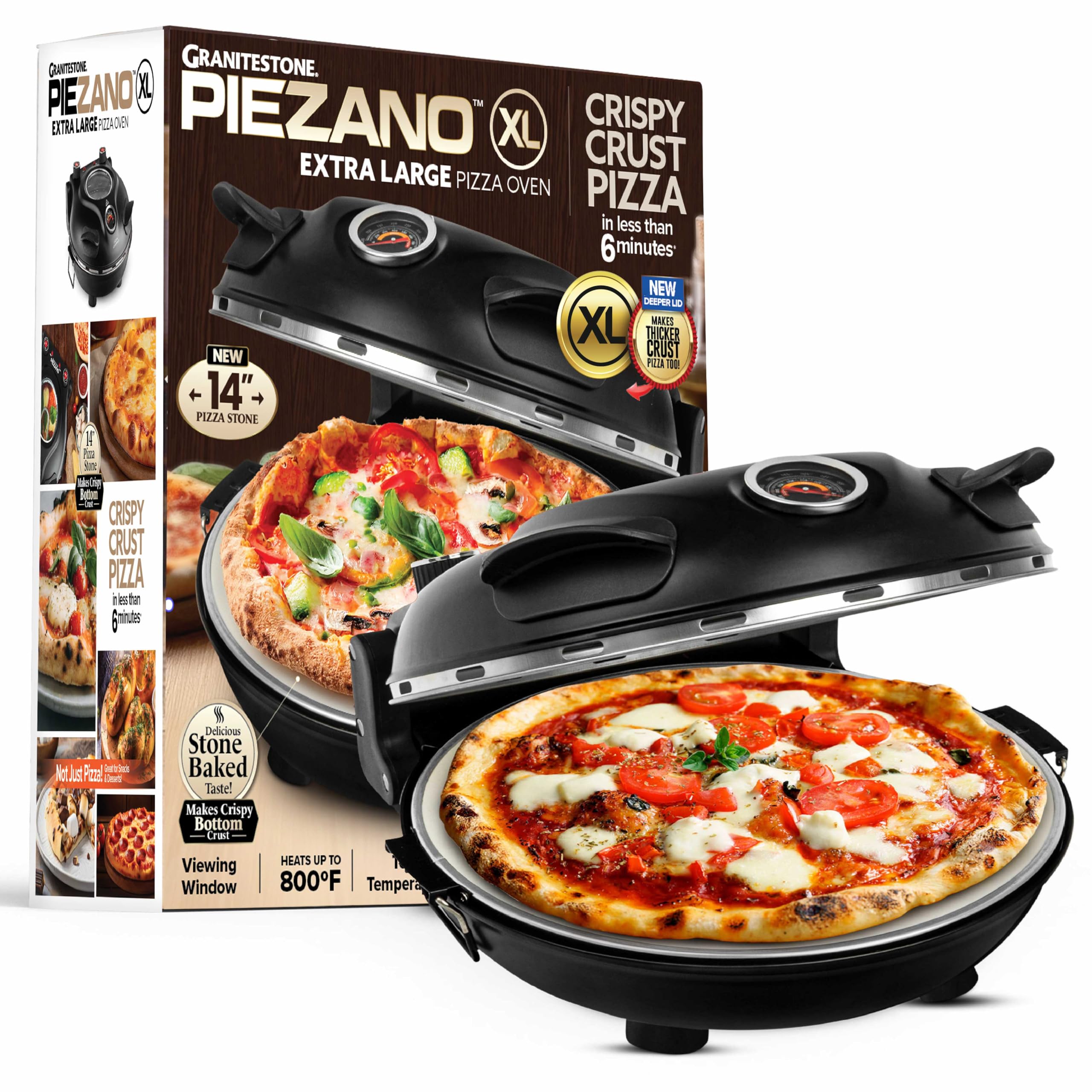 PIEZANO 14 Inch Large Crispy Crust Pizza Oven by Granitestone – Family Sized Electric Pizza Oven Indoor Countertop Maker with Stone Heats up to 800˚F for Stone Baked Pizzeria Style at Home