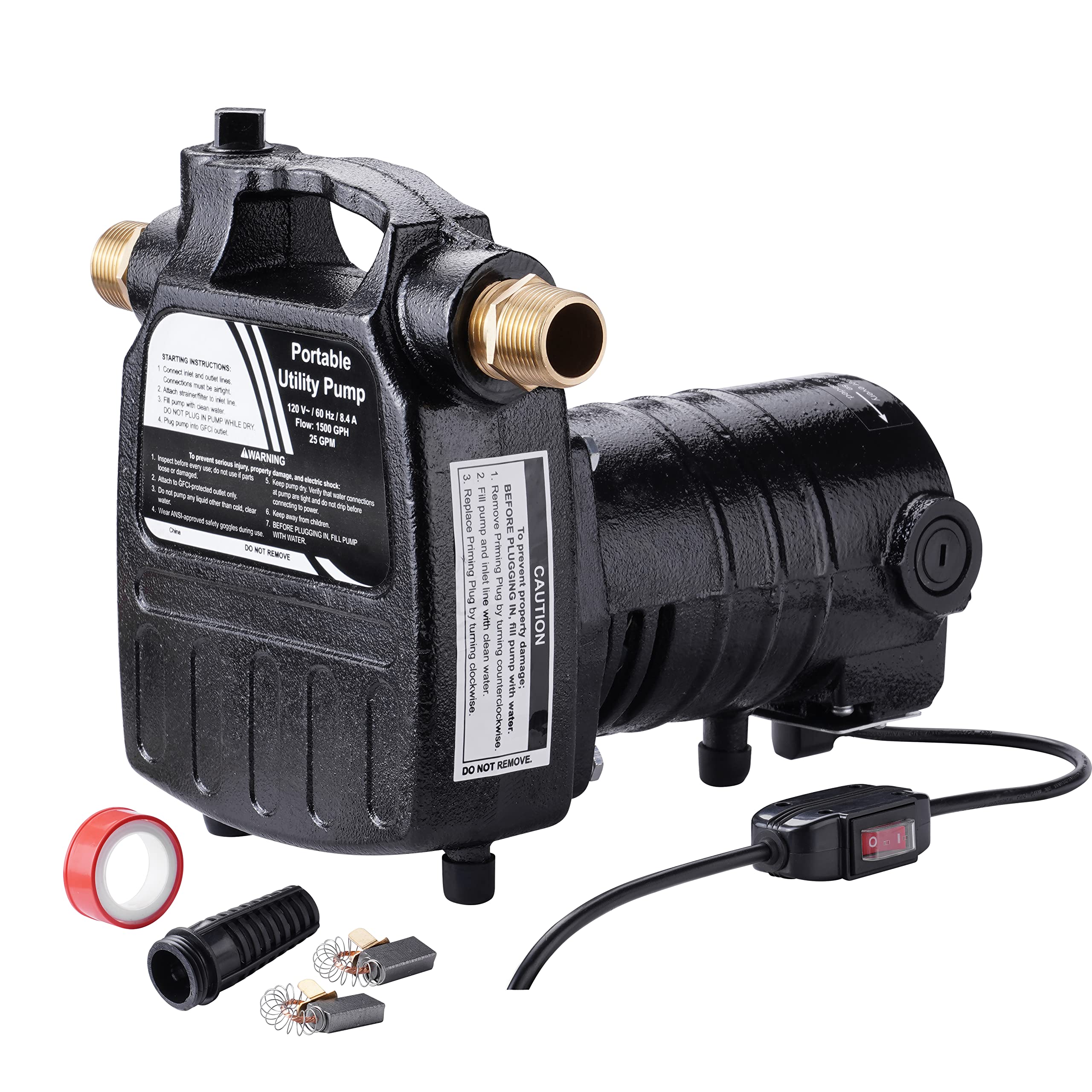EXTRAUP 115Volt 1/2HP 1500 GPH Upgraded Heavy Duty High Pressure Cast Iron Casing Water Transfer Utility Pump with ON/OFF Switch,Brass Connectors and Suction Strainer Black