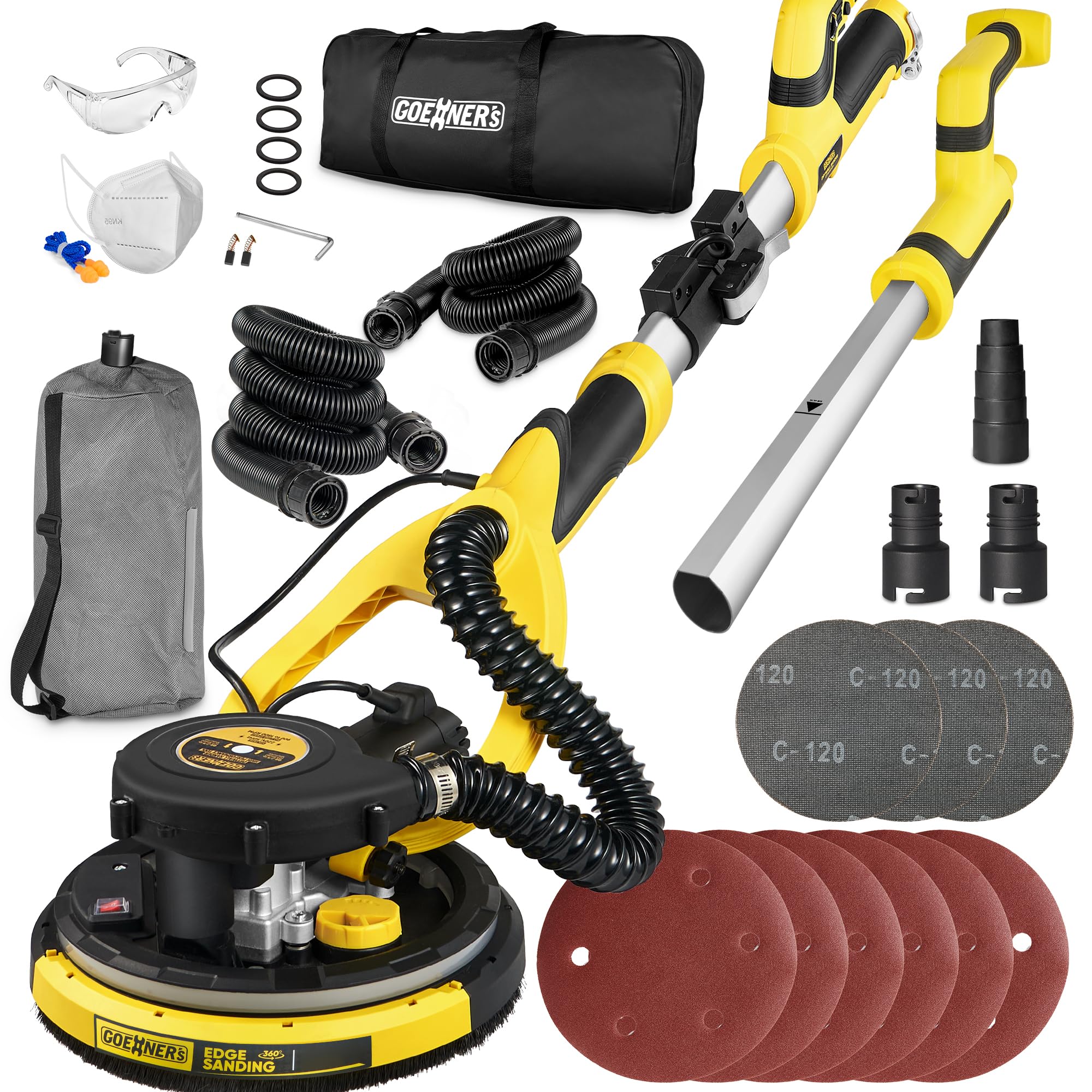 Drywall Sander, Electric Drywall Sander with Vacuum, 6 Variable Speed, 900-1800RPM, Labor-Saving Handle and Patented Fixture for Ceiling Sanding, LED Light, 14ft Dust Hose,26ft Power Cable,Storage Bag