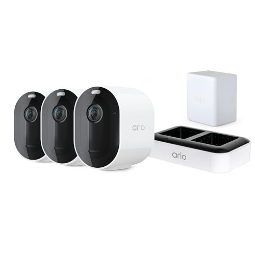 Arlo Pro 5S Spotlight Security Camera 2K (3 Cameras), Battery Charging Station & 3 Extra Batteries Bundle | Outdoor | Wireless with Spotlight | Dual-Band Wi-Fi | 12X Zoom, Color Night Vision | White