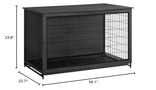 Feandrea Dog Crate Furniture, 56.1" Modern Kennel for Dogs Indoor up to 105 lb, Heavy-Duty Dog Cage with Multi-Purpose Removable Tray, Double-Door Dog House, Ink Black UPFC005B01