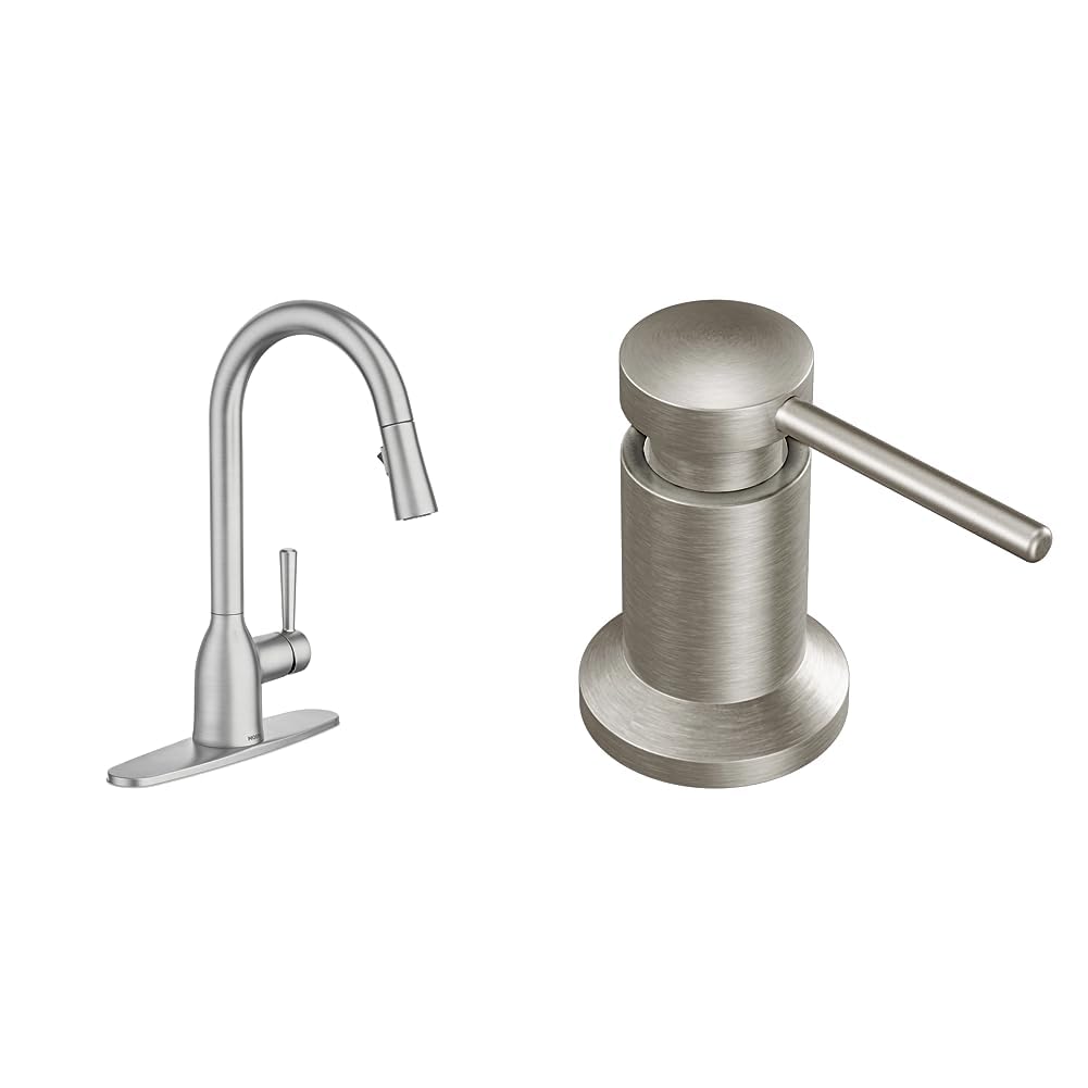 Moen Adler Spot Resist Stainless One-Handle High Arc Kitchen Sink Faucet with Power Clean Pull Down Sprayer, 87233SRS + Deck Mounted Kitchen Lotion or Soap Dispenser with Refillable Bottle, 3942SRS