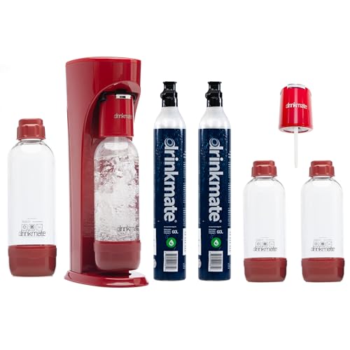 Drinkmate OmniFizz Sparkling Water and Soda Maker, Carbonates Any Drink, PARTY PACK - Includes two 60L CO2 Cylinders, three Carbonation Bottles, and two Fizz Infusers (Royal Red)