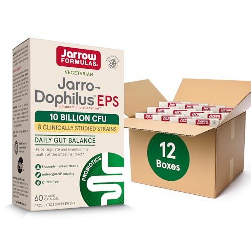 Jarrow Formulas Jarro-Dophilus EPS Probiotics 10 Billion CFU, Dietary Supplement for Intestinal Tract Support, Gut Health Supplements for Women and Men, 60 Veggie Capsules, 30 Day Supply (Pack of 12)