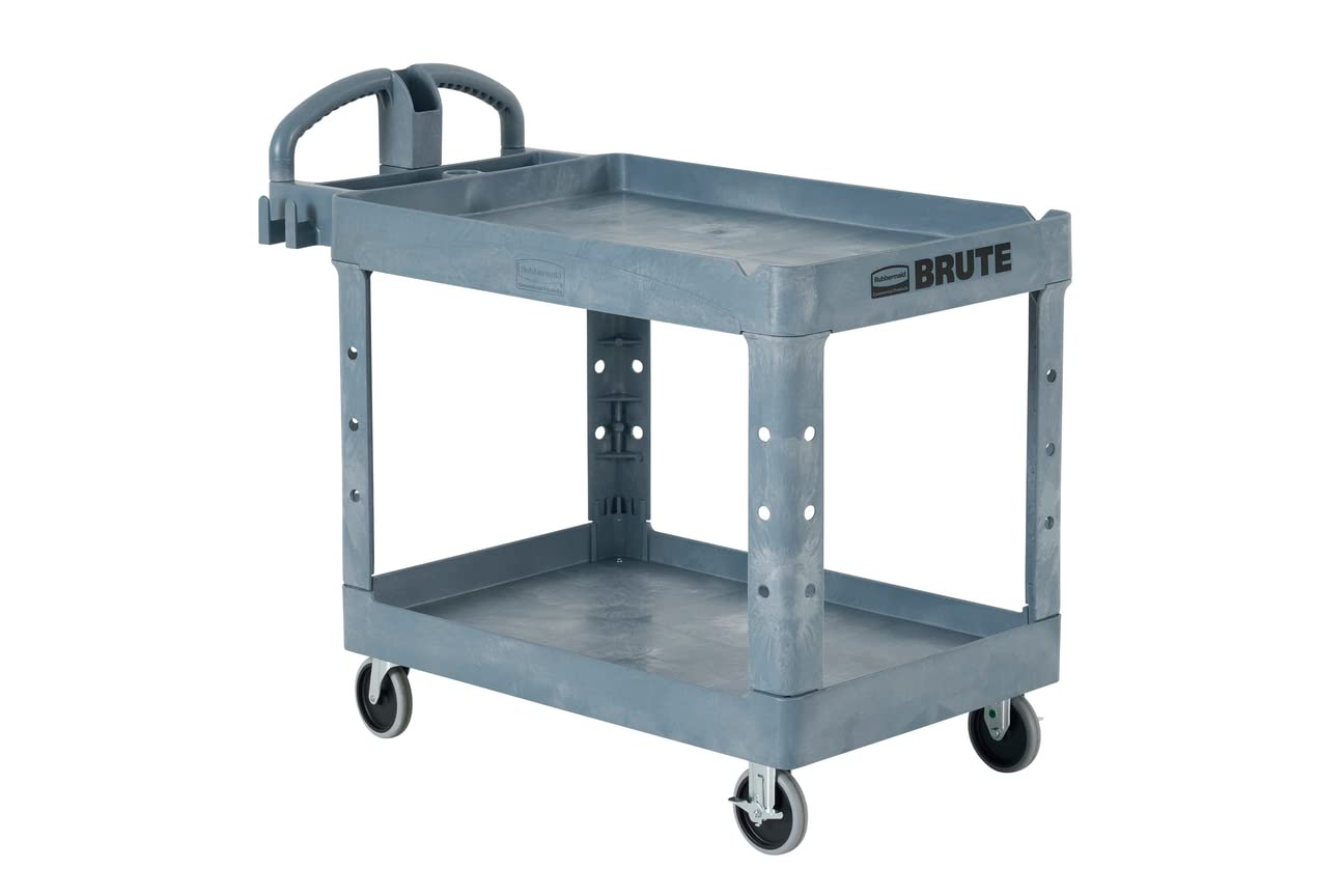 Rubbermaid Commercial Products Brute Heavy Duty 2-Shelf Utility/Service Cart, Large, Lipped Shelves, Ergonomic Handle, 750 lbs. Capacity, Black, for Warehouse/Garage/Cleaning/Maintenance/Stadiums