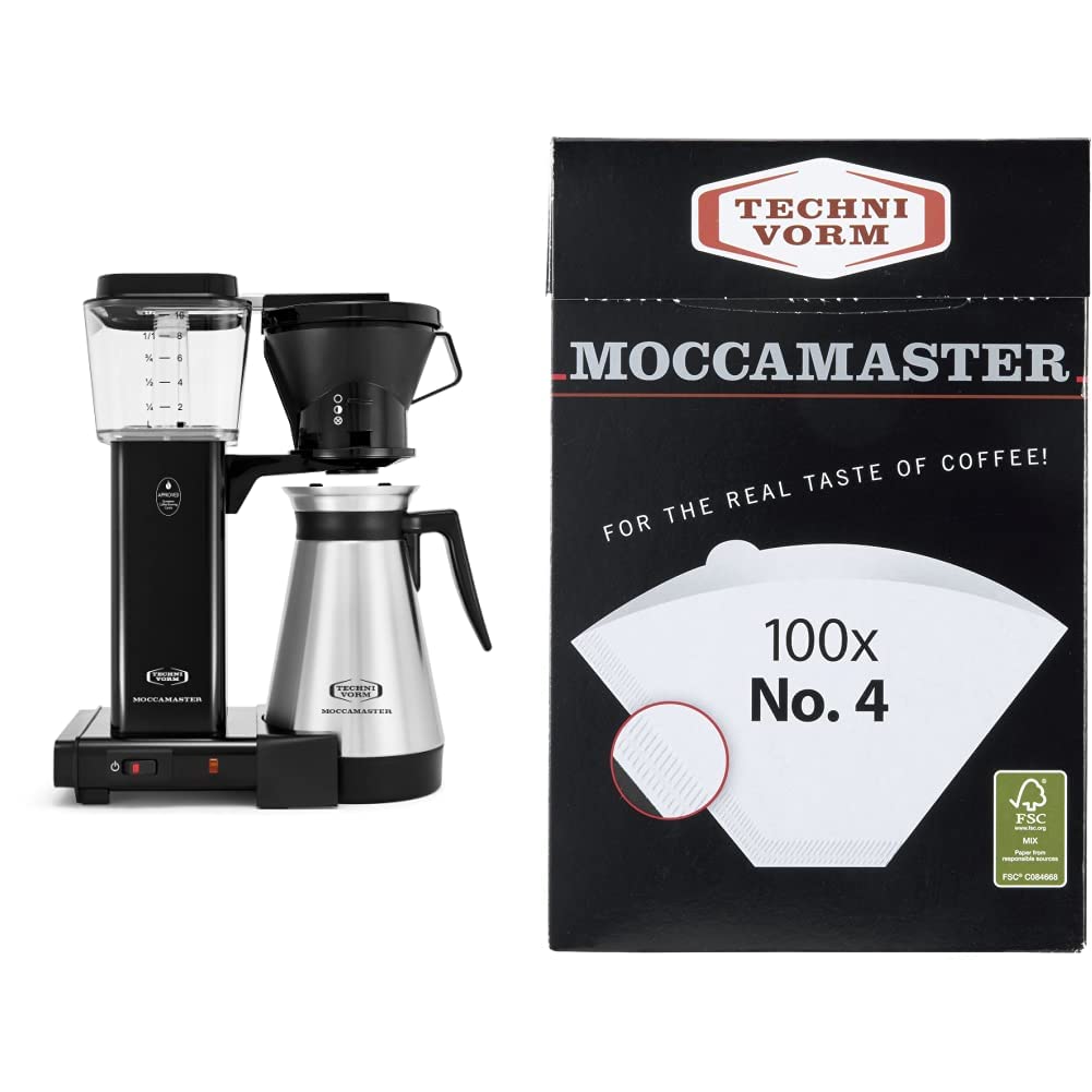 Technivormm Moccamaster 79114 KBT Coffee Brewer, 40 oz, Black & Technivorm Moccamaster #4 White Paper Filters, 100-count per box