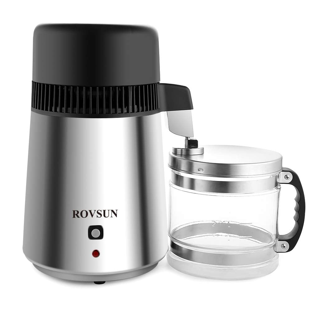 ROVSUN【Upgraded】 1.1 Gallon/4L Countertop Water Distiller Stainless Steel for Home, 750W Distilled Water Machine Maker Water Distillers with Glass Container, 1L/H, Silver
