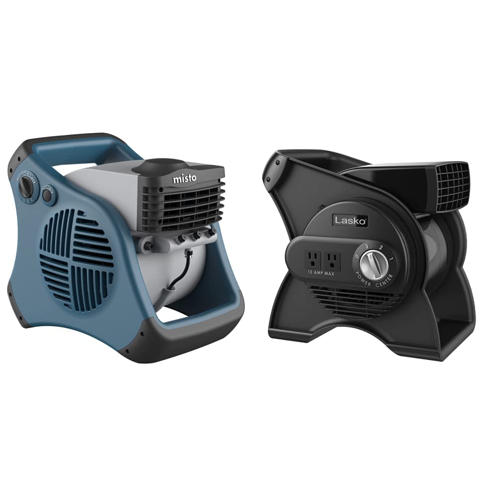 Lasko 7054 Misto Outdoor Misting Blower Fan, Blue & U12104 High Velocity Pro Pivoting Utility Fan for Cooling, Ventilating, Exhausting and Drying at Home, Job Site and Work Shop, Black