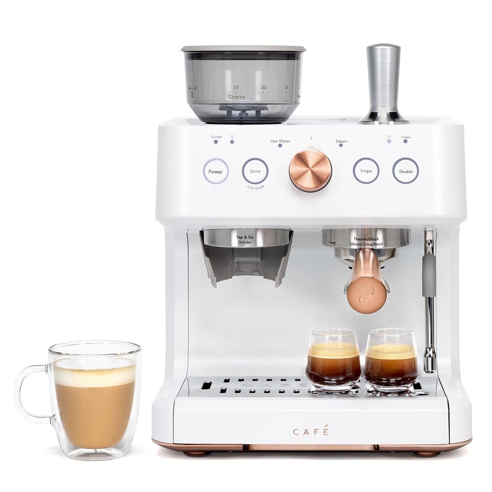 Café Bellissimo Semi Automatic Espresso Machine + Milk Frother | WiFi Connected, Smart Home Kitchen Essentials | Built-In Bean Grinder, 15-Bar Pump & 95-Ounce Water Reservoir | Matte White