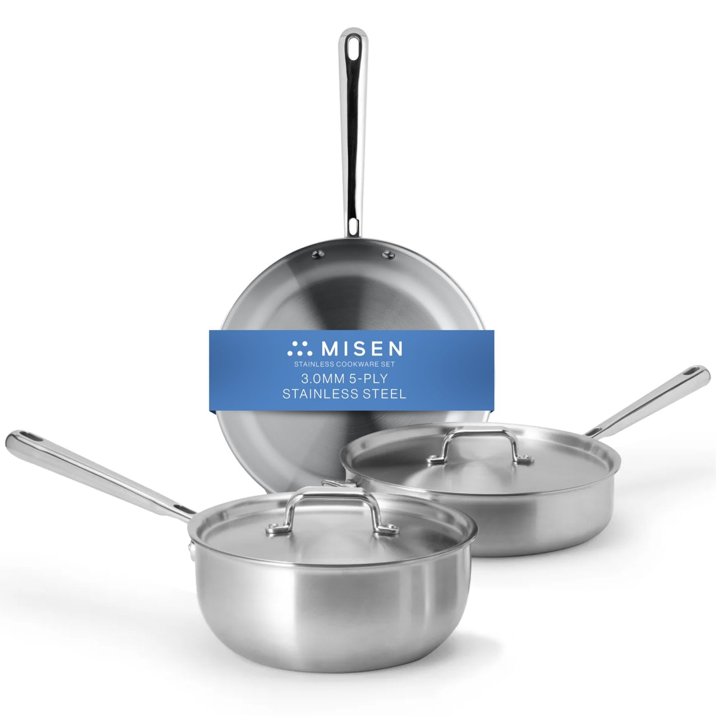 Misen 5-Ply Stainless Steel Cookware Set - Versatile, Dishwasher Safe - 5-Piece Set - 10" Skillet, 3 QT Saute Pan + Lid, 3 QT Saucier + Lid