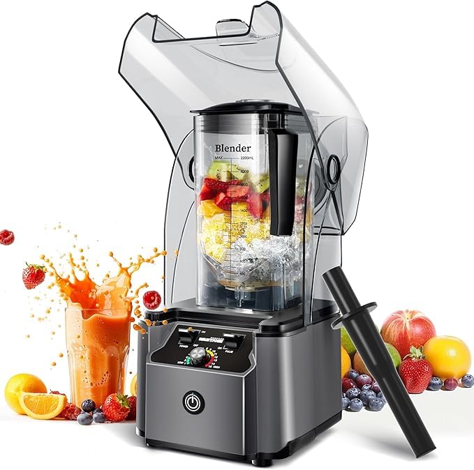WantJoin Professional Commercial Blender With Shield Quiet Sound Enclosure 2200W Industries Strong and Quiet Professional-Grade Power, Self-Cleaning,Grey