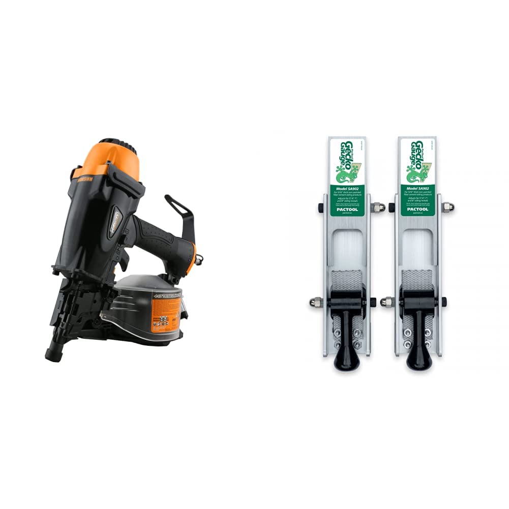 Freeman PCN65 Pneumatic 15 Degree 2-1/2" Coil Siding Nailer with Adjustable Metal Belt Hook & PacTool SA902 Gecko Gauge Mounting Kit, for 5/16-Inch Fiber Cement Siding Installation