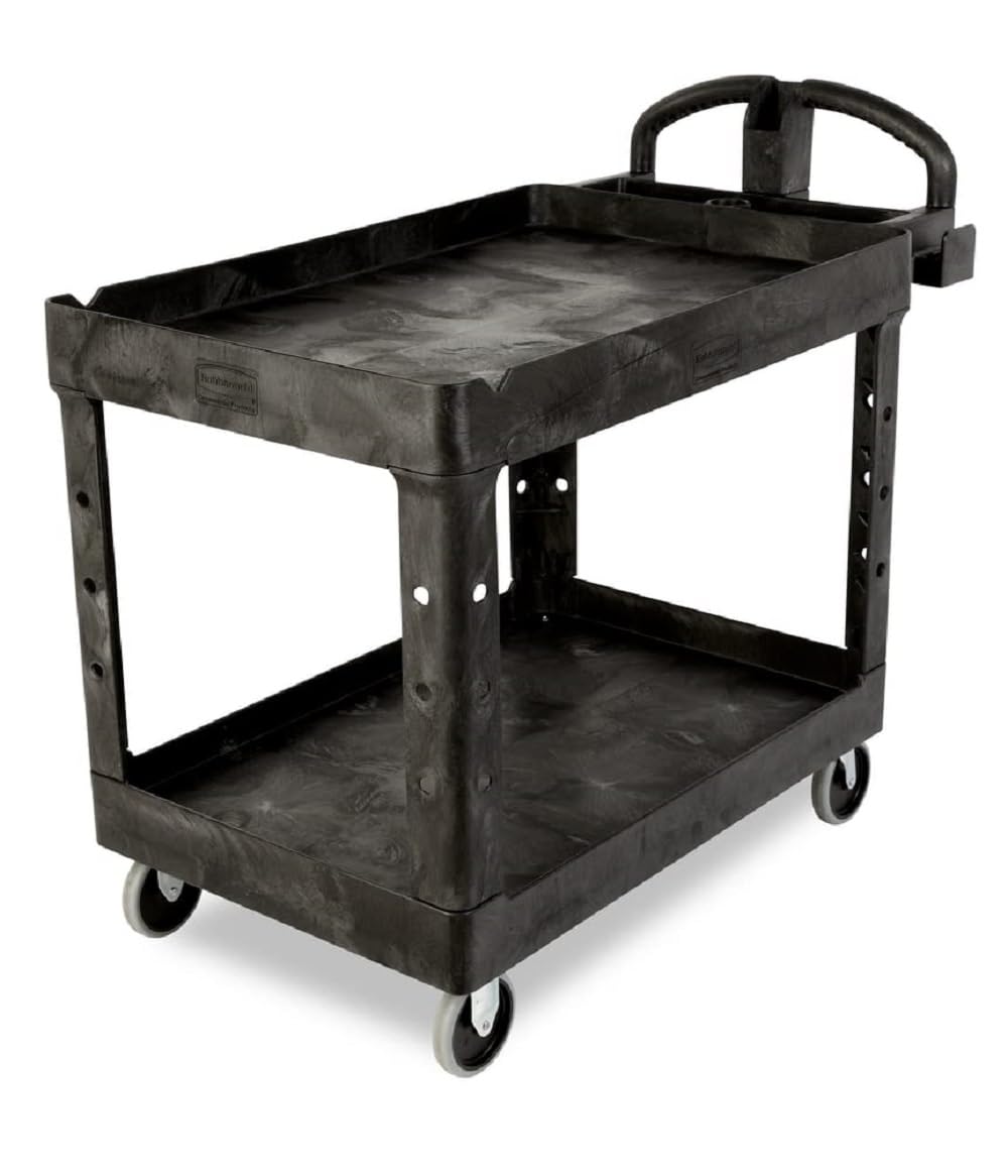 Rubbermaid Commercial Products BRUTE Heavy Duty 2-Shelf Utility/Service Cart, Medium, Lipped Shelves, Ergonomic Handle, 750 lb Capacity, Black, for Warehouse/Garage/Cleaning/Office