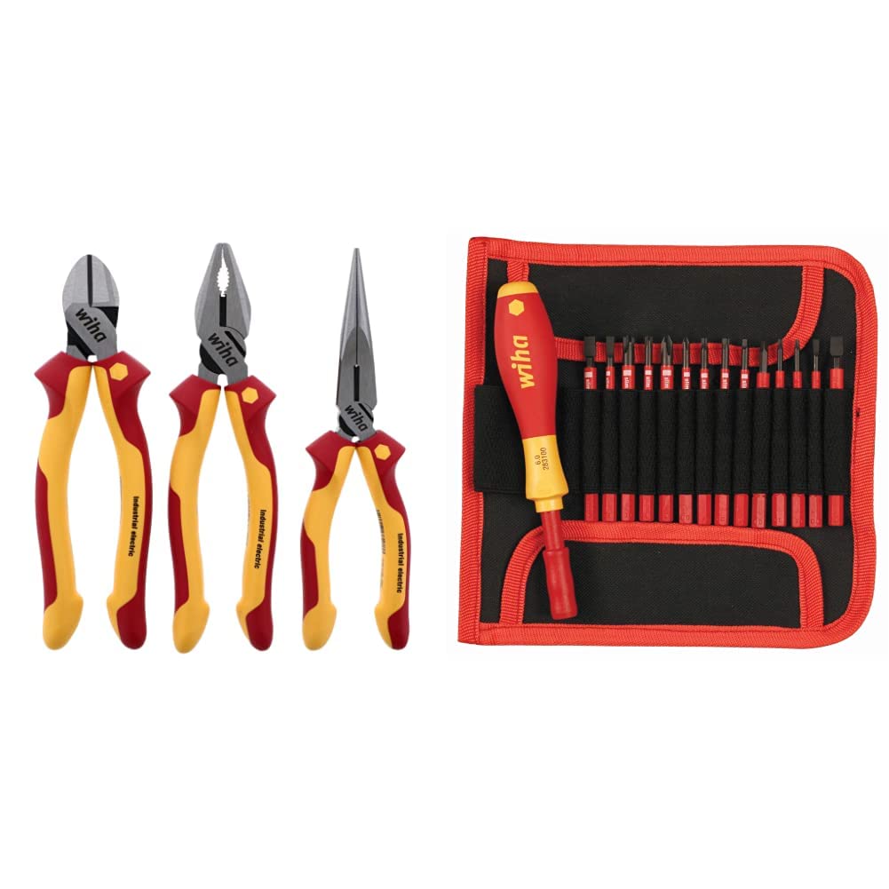 Wiha Insulated Industrial Pliers, Cutters and Interchangeable Screwdriver Set Bundle (4 Pieces)
