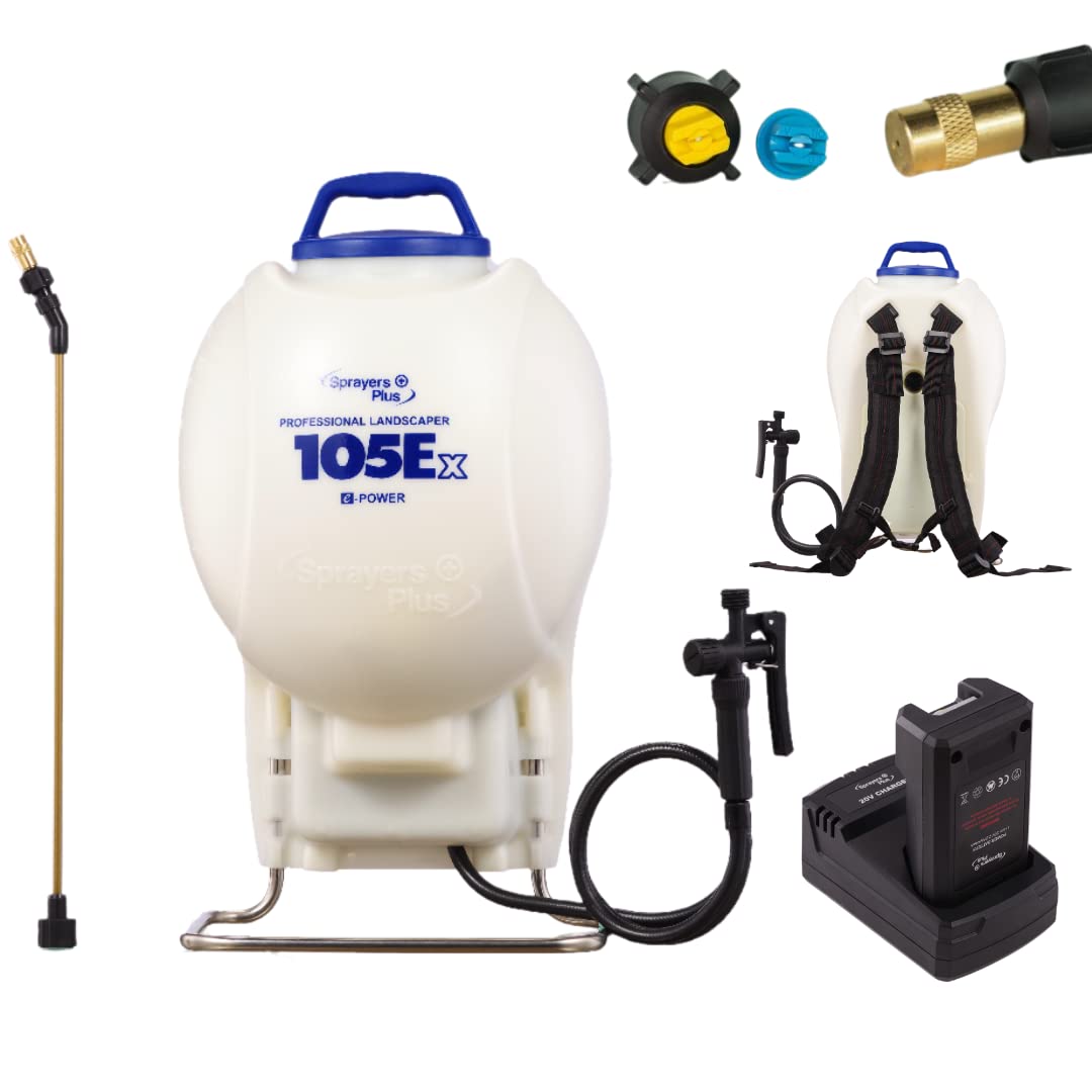 Sprayers Plus 105Ex Effortless Backpack Sprayer - 20V Lithium Long Battery Life with High Grade Seals & O-Ring, Brass Wand & Nozzle