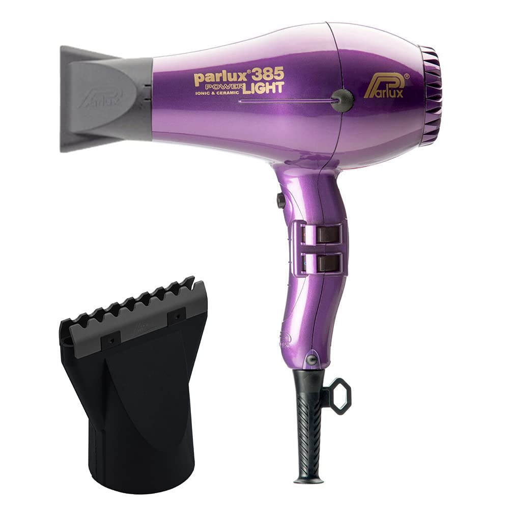 Parlux 385 Powerlight Ionic & Ceramic Violet Hair Dryer + M Hair Designs Hot Blow Attachment (Bundle) – Lightweight, Fast-Drying, Frizz-Control Blow Dryer for Salon-Quality Styling